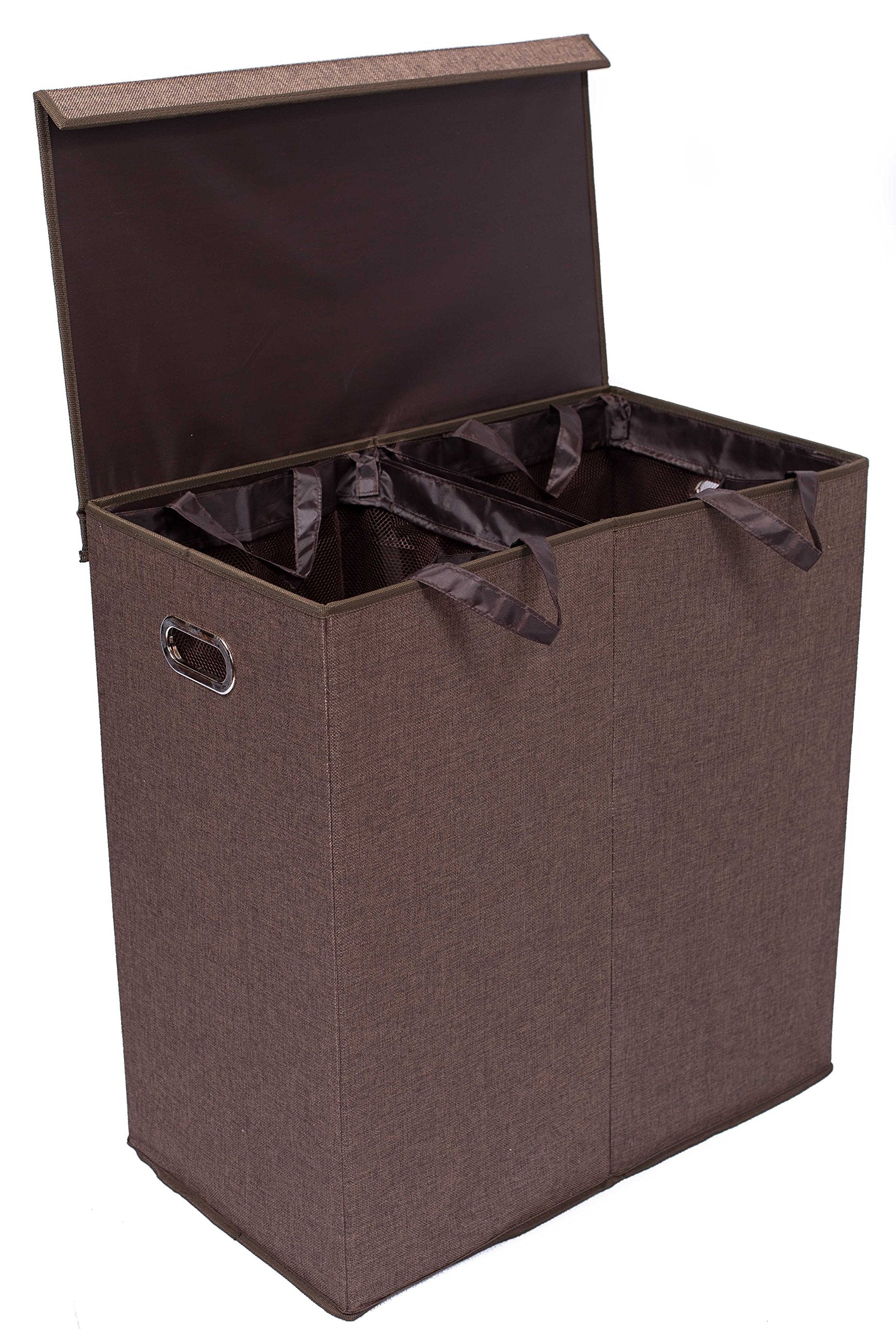 Double Laundry Hamper With Lid | Removable Mesh Bags | Dual Compartment Clothes Hamper | Brown