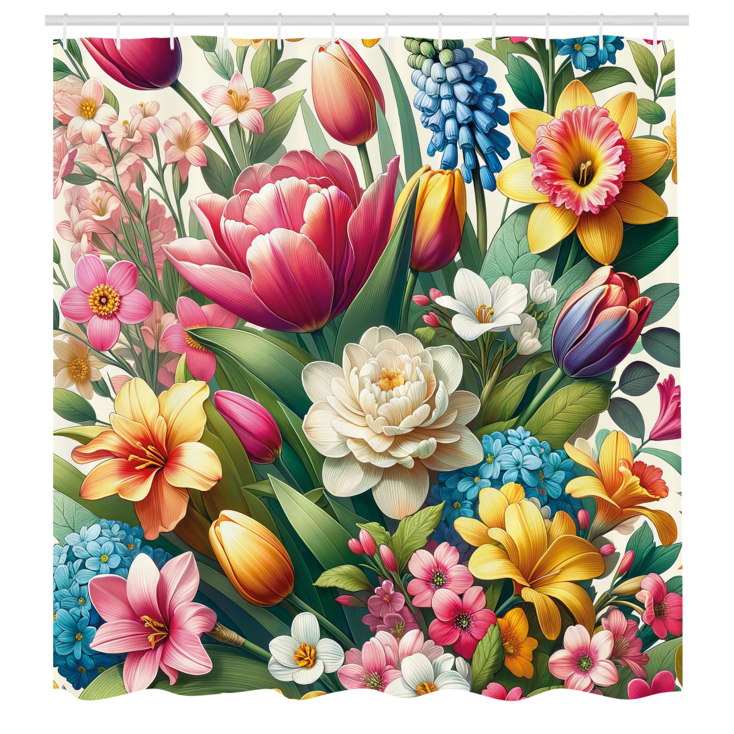 Ambesonne Spring Shower Curtain, Color Jumble Illustration Of Garden Flowers With Leaves Dreamy Aura, Cloth Fabric Bathroom Deco