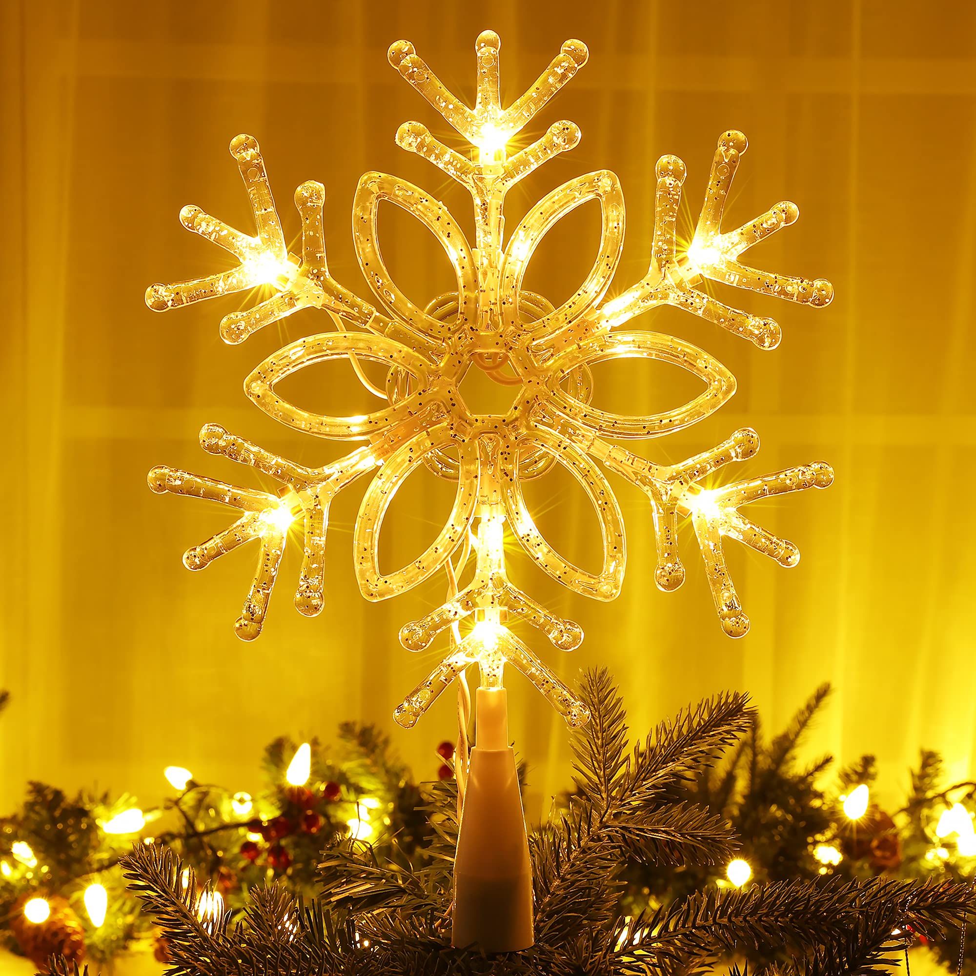 Brizled Snowflake Christmas Tree Topper, 9.5 Christmas Tree Star Treetop with 10 Warm White Lights, 120V UL Certified Christmas 