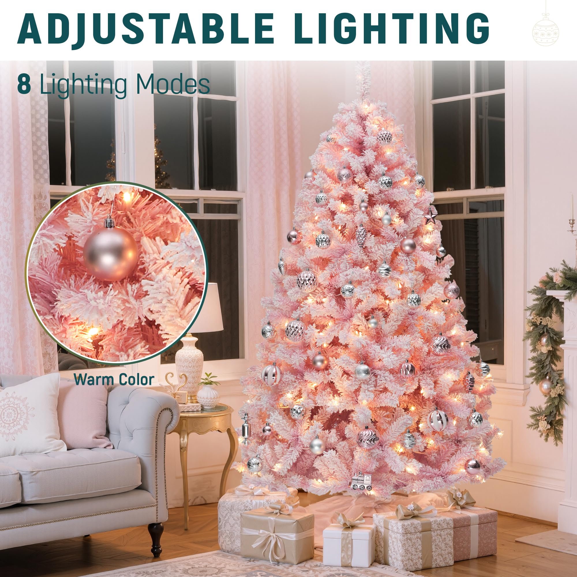 YITAHOME 4.5 FT Prelit Pink Flocked Christmas Tree, Pre-Lit Pink Spruce Artificial Christmas Tree with 400 PVC Flocked Tips and