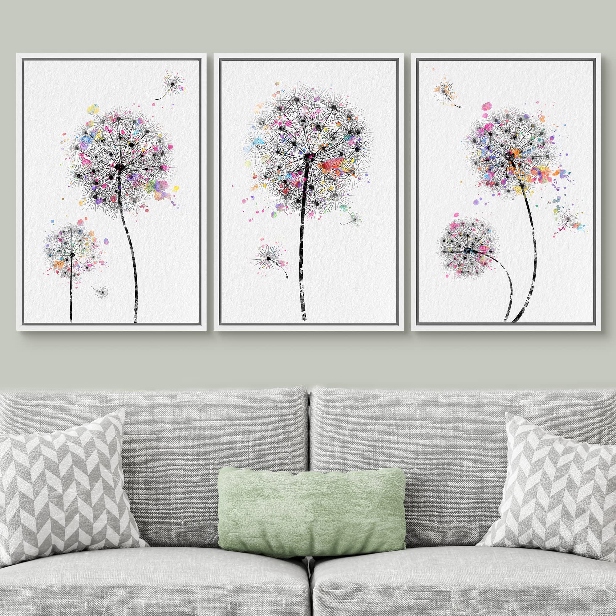 Signwin Framed Canvas Print Wall Art Dandelions & Watercolor Dots Floral Wilderness Drawings Modern Art Rustic Closeup Multicolo