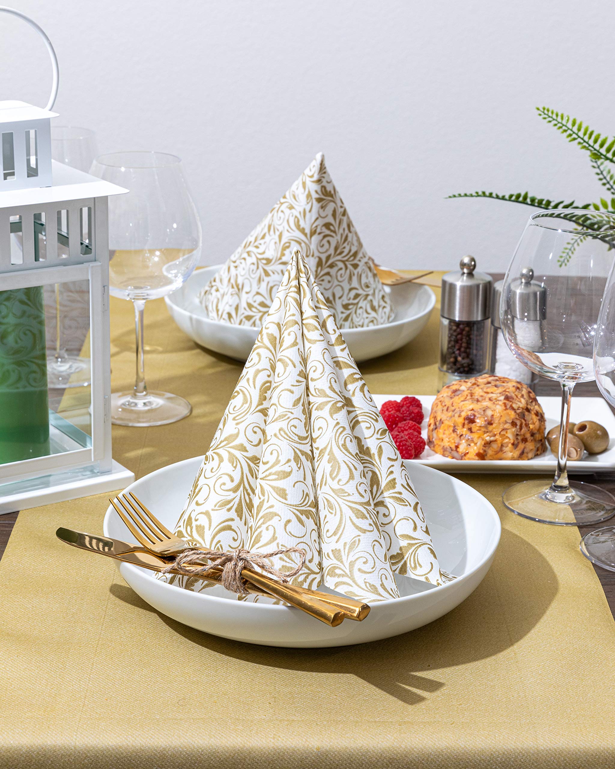 AH AMERICAN HOMESTEAD Paper Napkins - Disposable Linen-Like Dinner/Wedding Napkins 50 Count- Entertaining Party Essentials -Restaurant Quality Colored Table Napkins 15.75''x15.75'' (Gold Swirling Leaf)