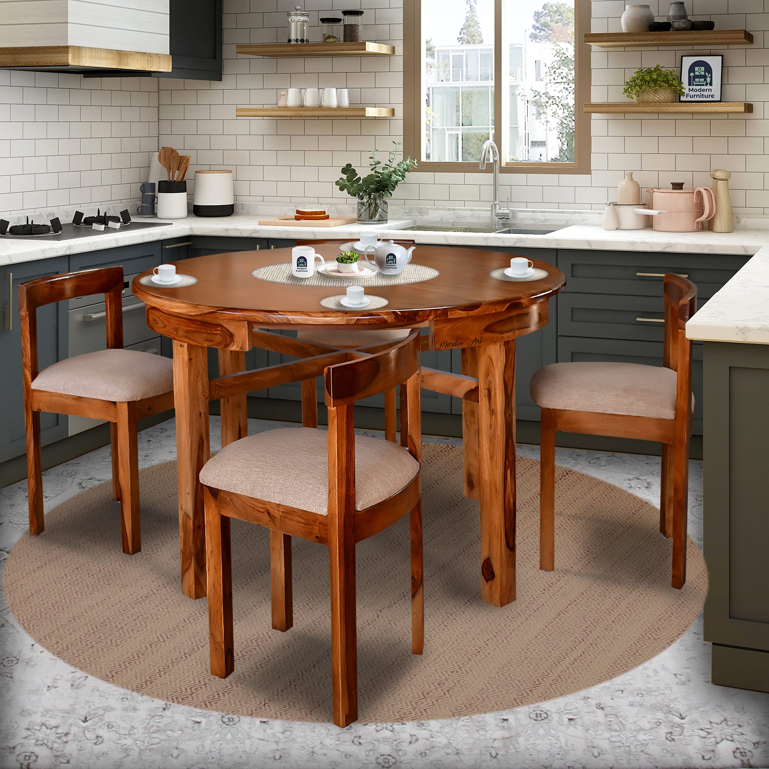 Sona Art & Crafts Cero Solid Sheesham Wood Round Dining Table Set Of 4 Seater Dinner Dinning Table With 4 Cushion Chair Dining F