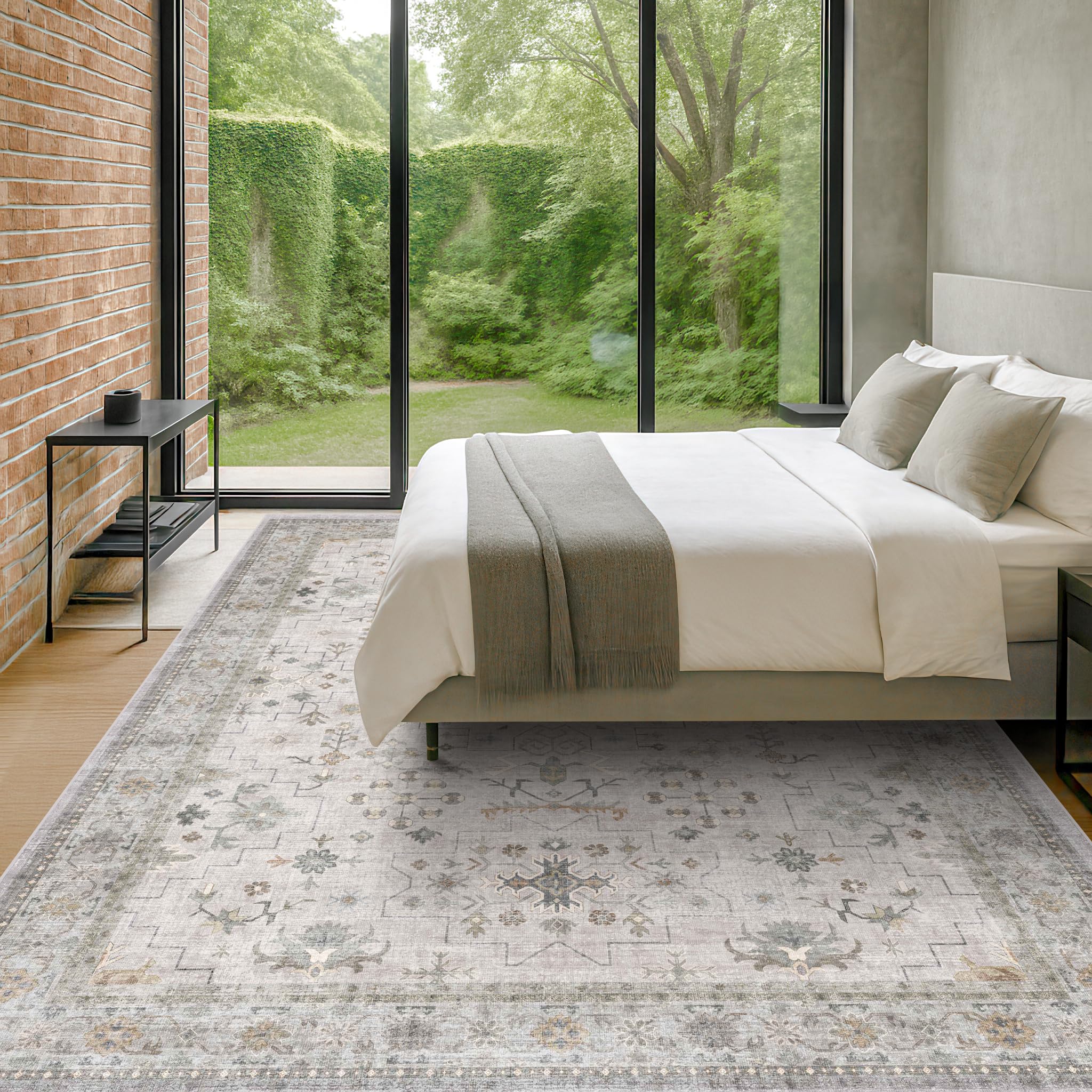 Hazo Haus Boho Light Grey Living Room Rug 10x14 - Modern Vintage Eclectic Floral Pastel Neutral Taupe, Washable Low Pile Non-Sli