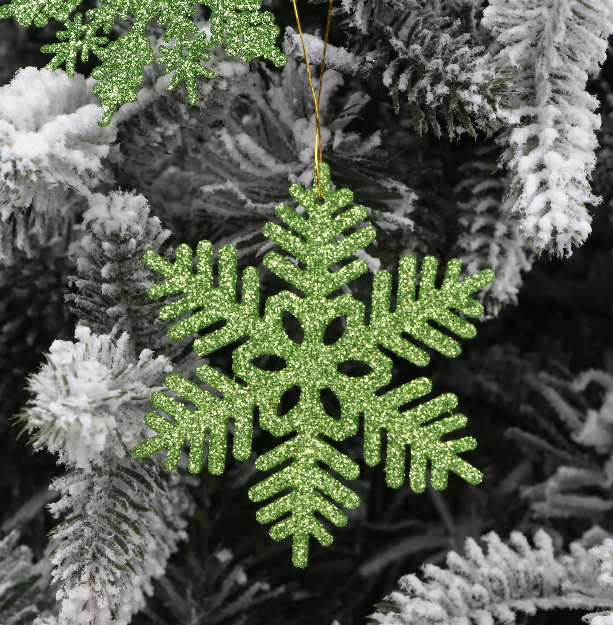 YYCRAFT 32pcs Glitter Snowflake Ornament for Christmas Tree Decoration-3 Inch,Lime Green