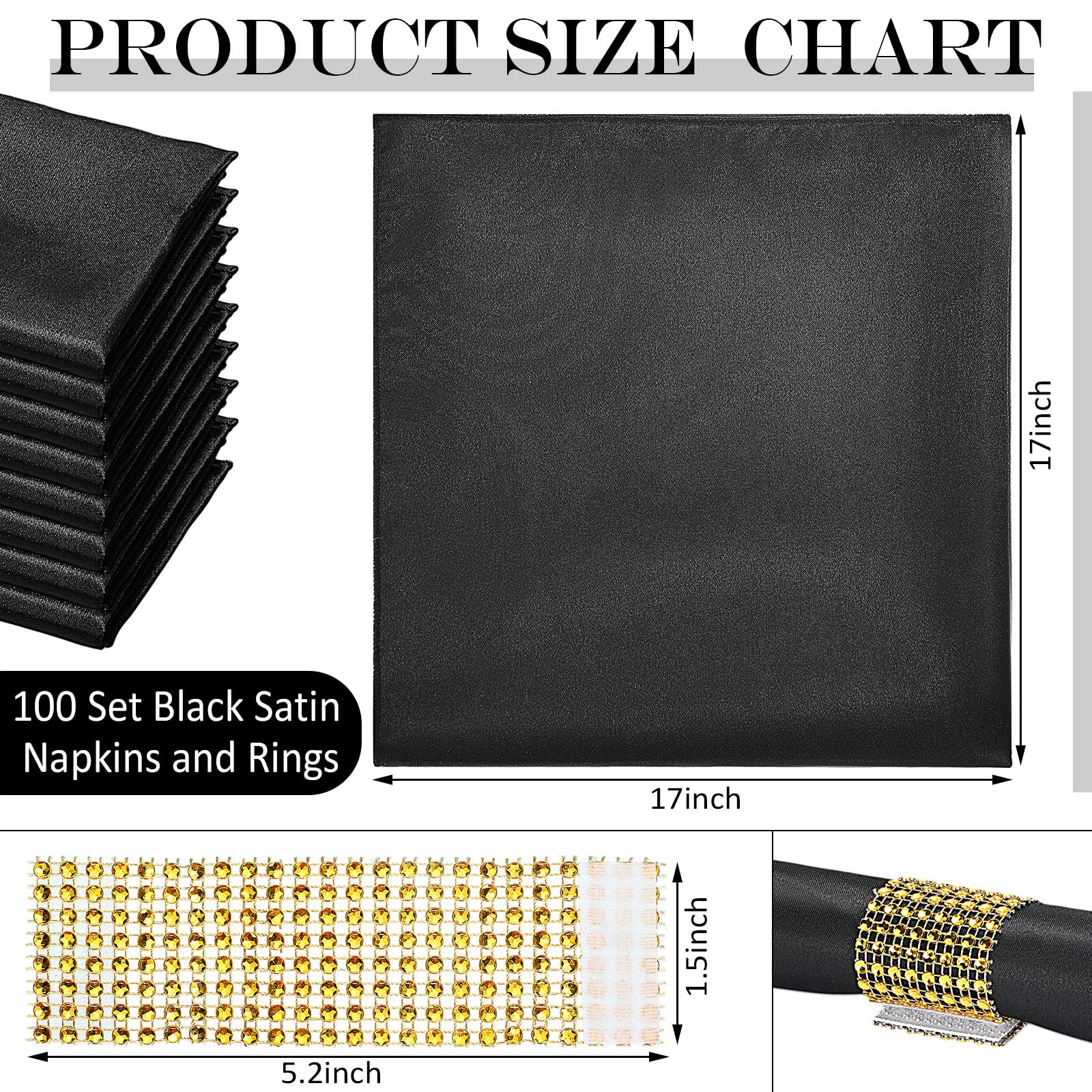 100 Pack Satin Black Napkins With Gold Rings 17 X 17 Inch Black Cloth Napkins Bulk Washable Soft Reusable Dinner Supplies For Va