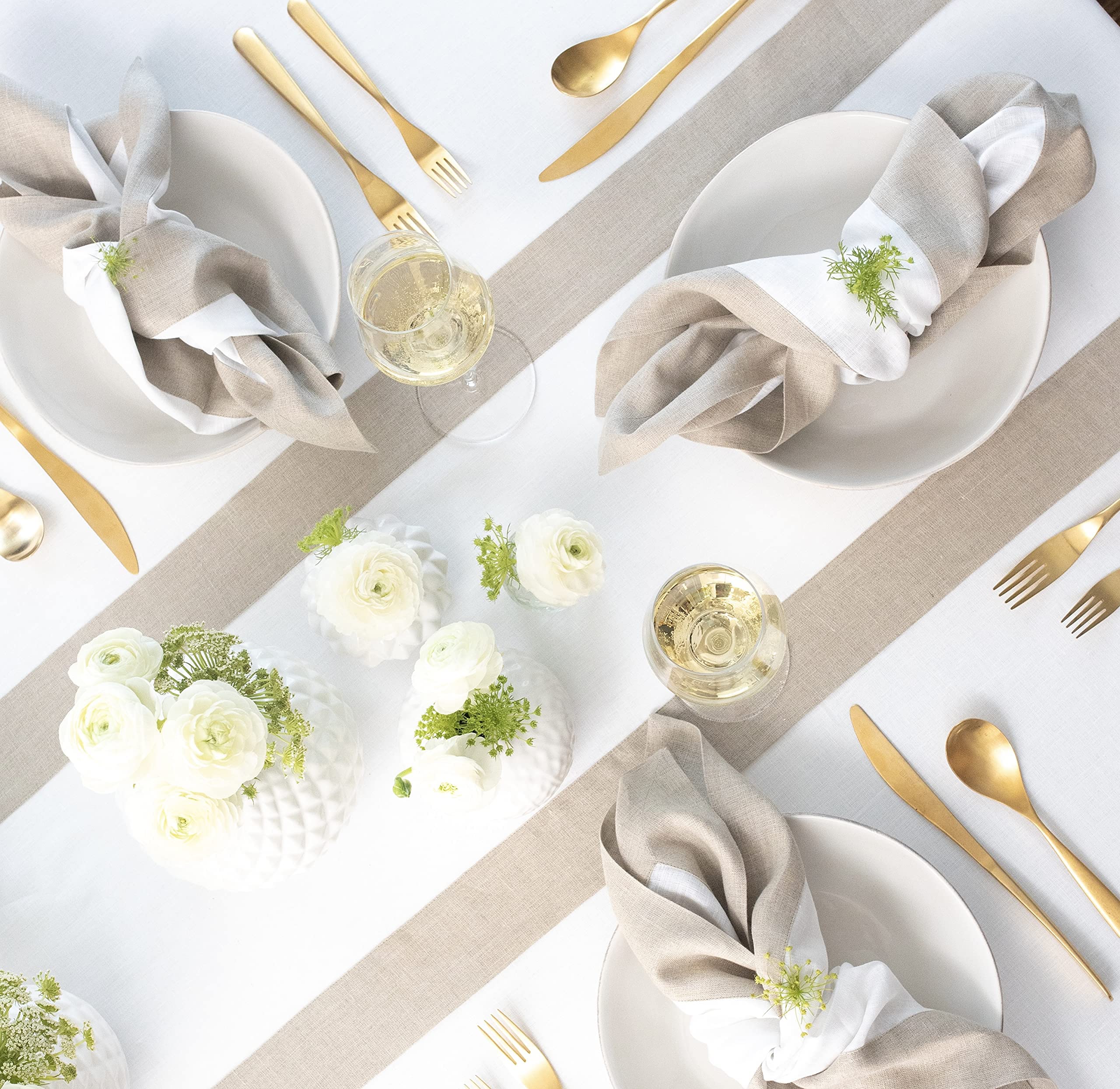 Solino Home Linen Table Runner 14 x 60 Inch - 100% Pure Linen Natural and White Table Runner for Spring  Summer  Dining - Handcrafted from European Flax and Machine Washable - Contempo