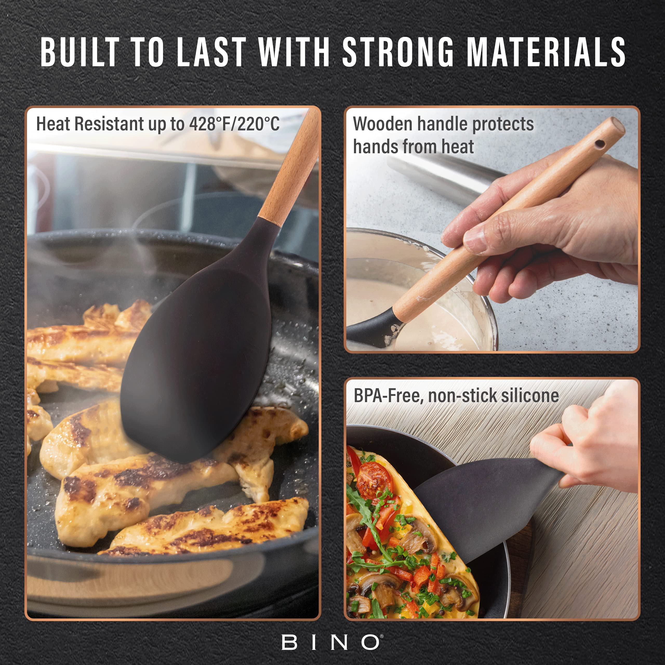Bino 2-Piece Wooden Handle Silicone Mixing Spoons & Spatulas Set - Black | Heat Resistant Kitchen Utensils For Nonstick Cookware