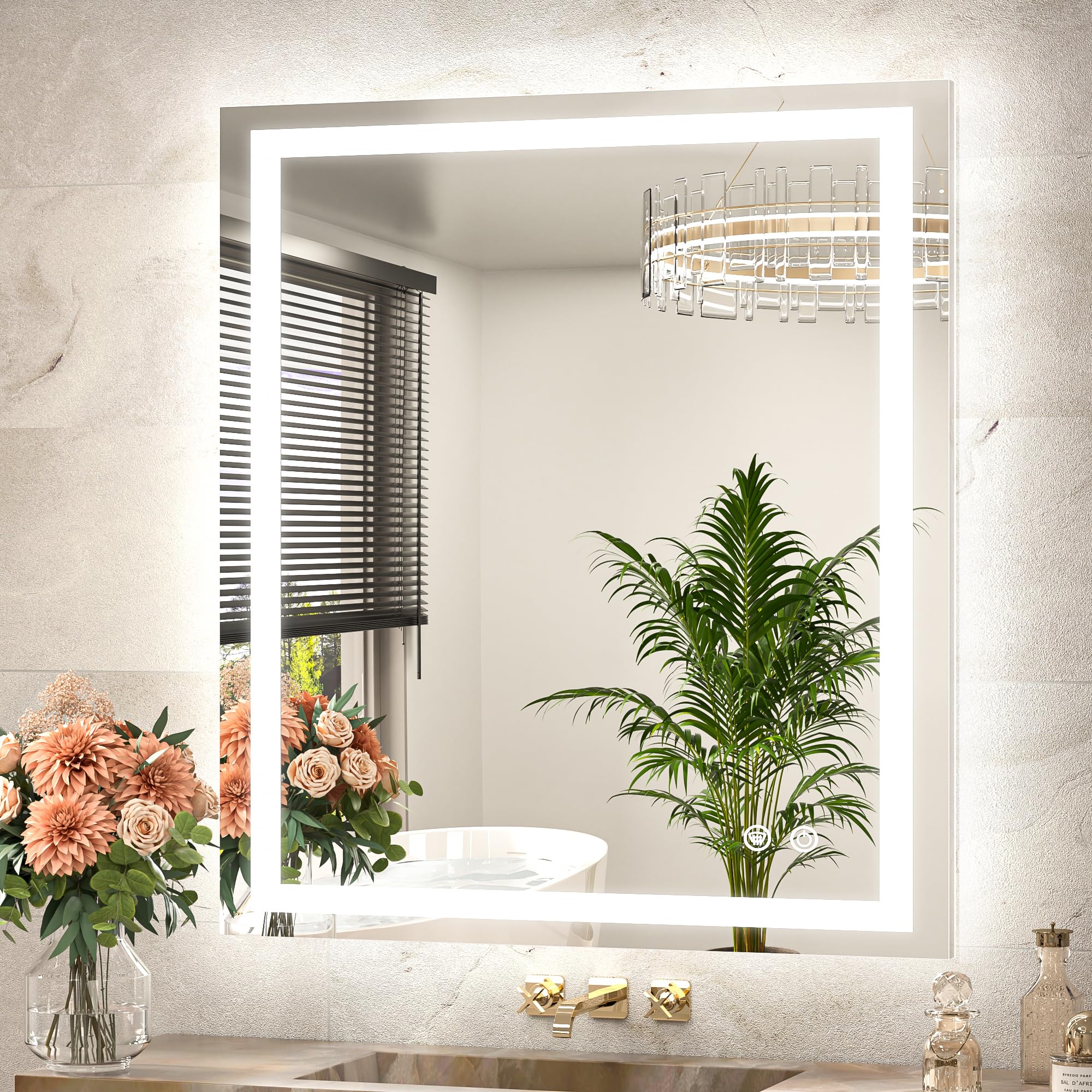 Tetote Led Bathroom Mirror With Brighter Lights 32 X 36 Led Lighted Vanity Mirror With Frontlit And Backlit, 3-Color Dimmable Il