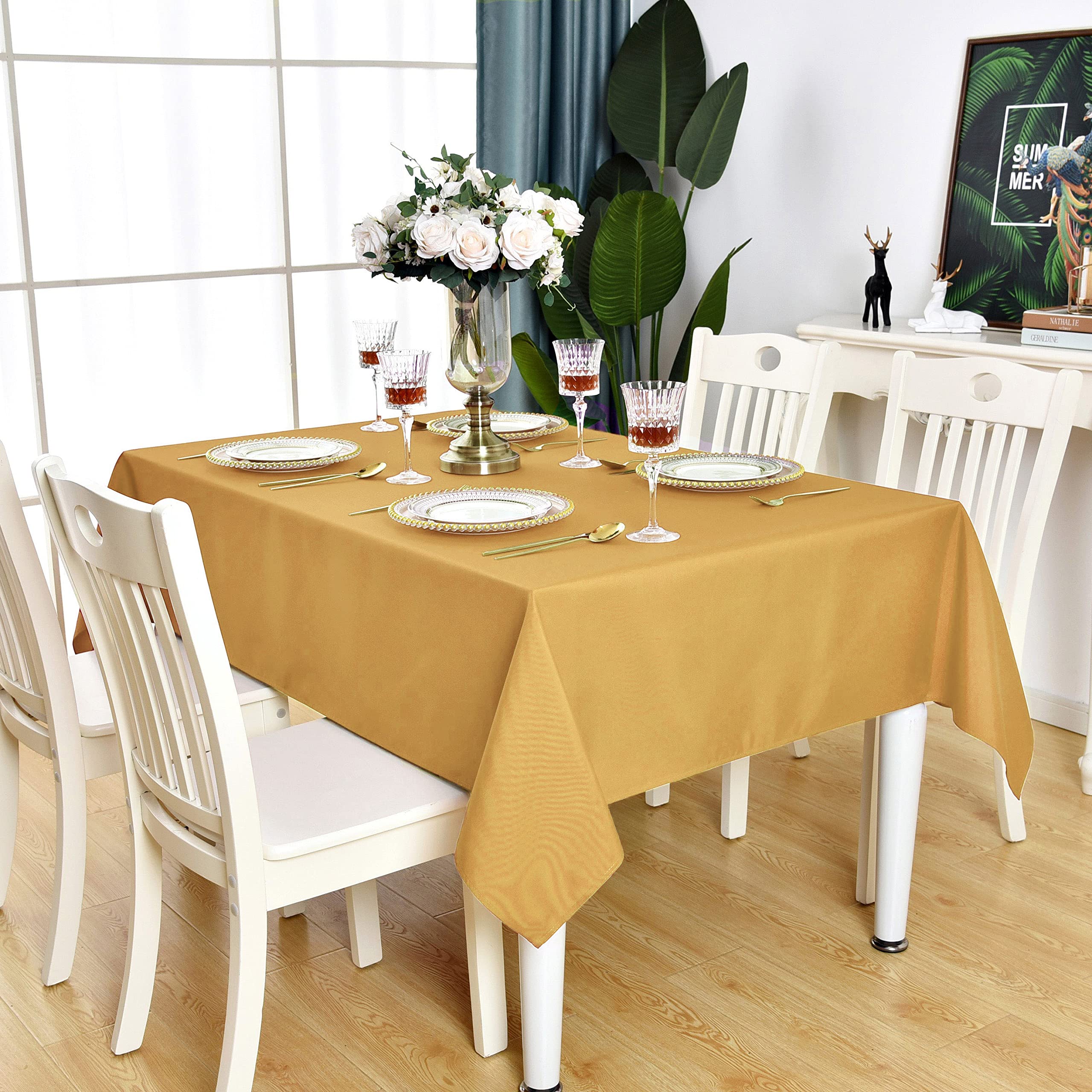 Kaipho Gold Rectangle Tablecloth Waterproof Stain Resistant Wrinkle Free Table Cloth 210Gsm Polyester Wipeable Table Cover For P