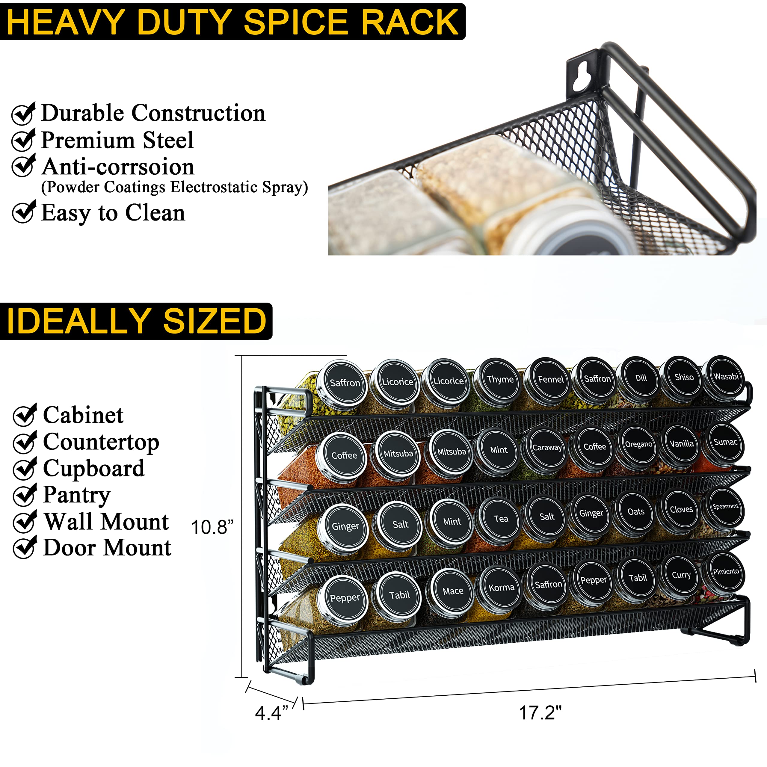SpaceAid Spice Rack Organizer with 36 Spice Jars, 386 Spice Labels, Chalk Marker and Funnel Set for Cabinet, Countertop, Pantry,