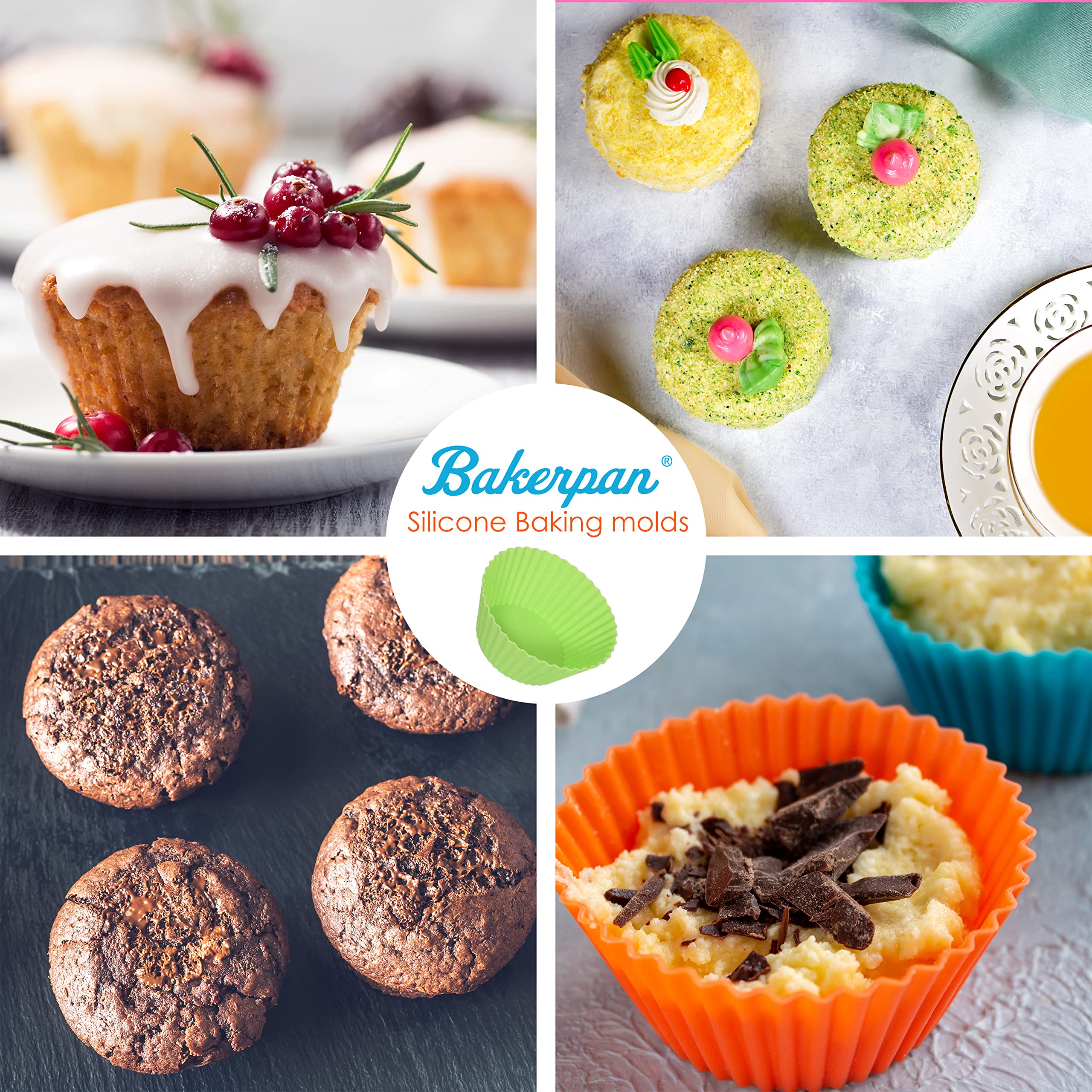 Bakerpan Silicone Muffin Cups - Reusable Cupcake Liners For Baking - Set Of 24 Silicone Cupcake Molds - Premium Reusable Cupcake