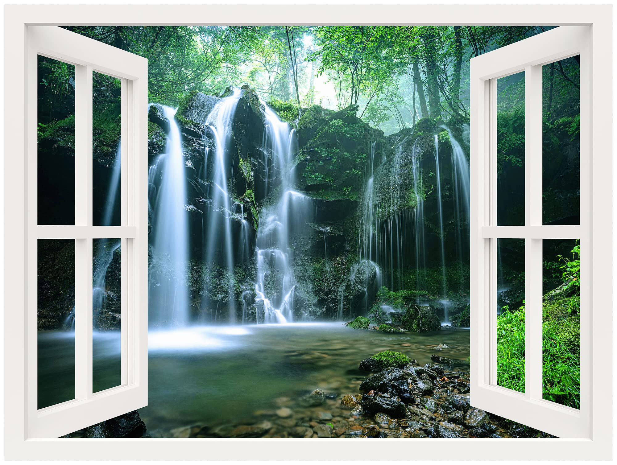Wall26 Removable Wall Sticker/Wall Mural Window View Forest Mountain River Rapid Waterfall Nature Wilderness Photography Realism