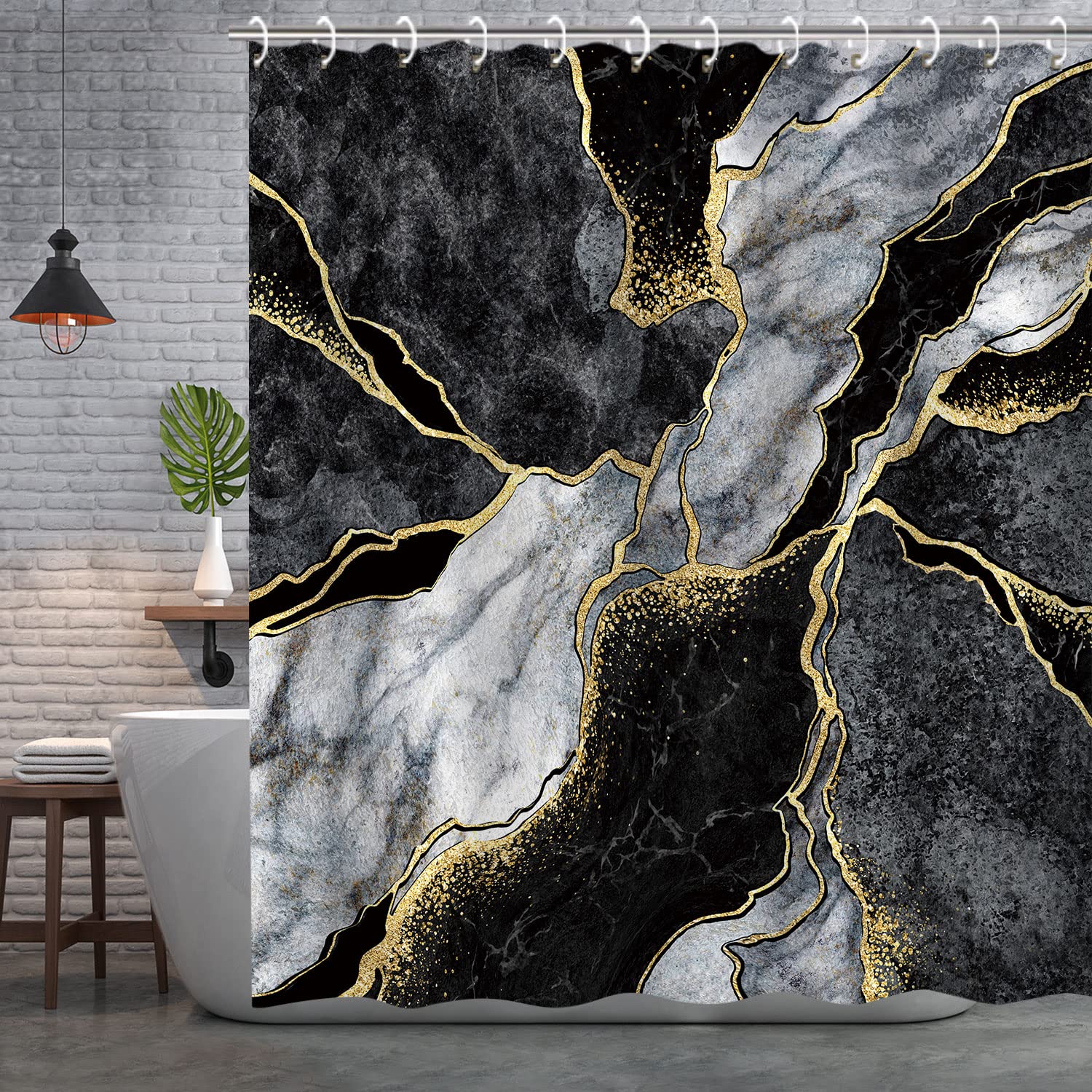 RosieLily Black Shower Curtain  Marble Shower Curtain  Abstract Shower Curtain  Black Marble Shower Curtains Set with 12 Hooks  Black Gray Gold Bathroom Decor  72Wx72H