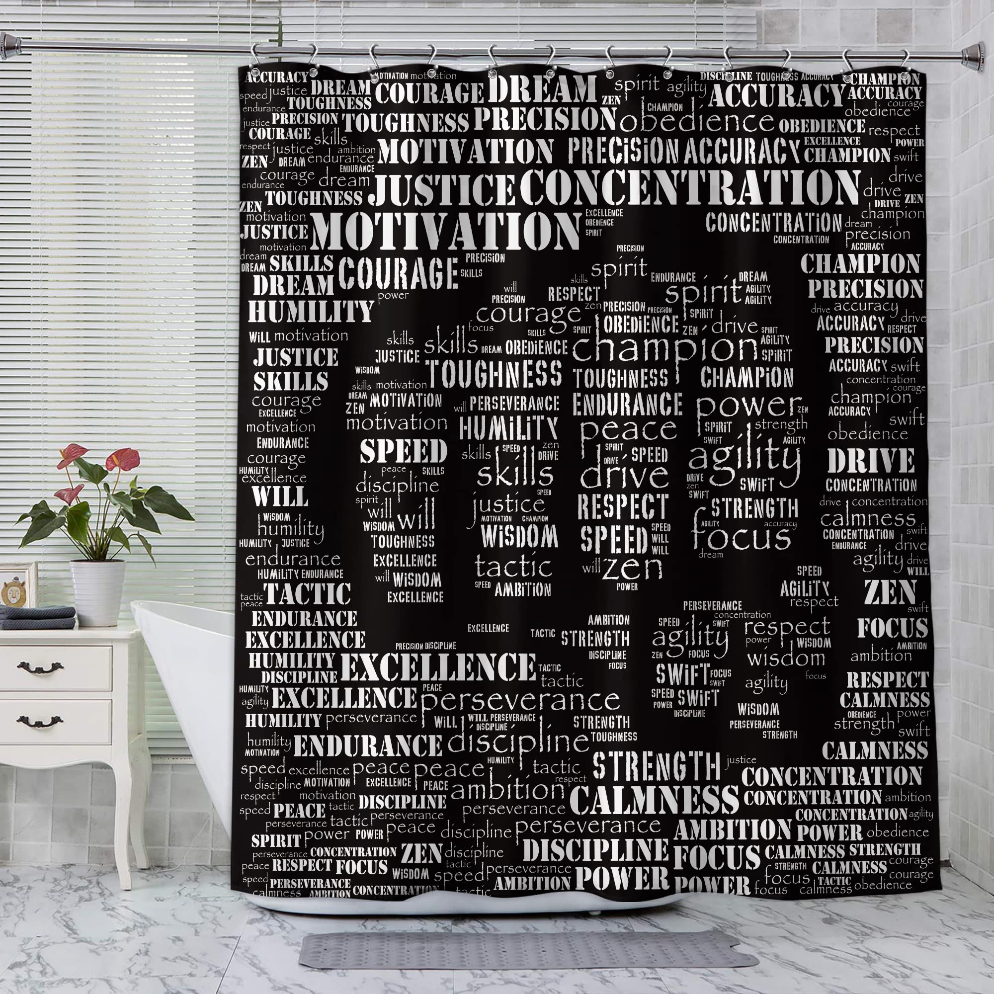 Svbright Mens Motivational Quotes Shower Curtain For Man Black White Inspirational Words Kickboxing 60Wx72L Inch Essence Of Figh