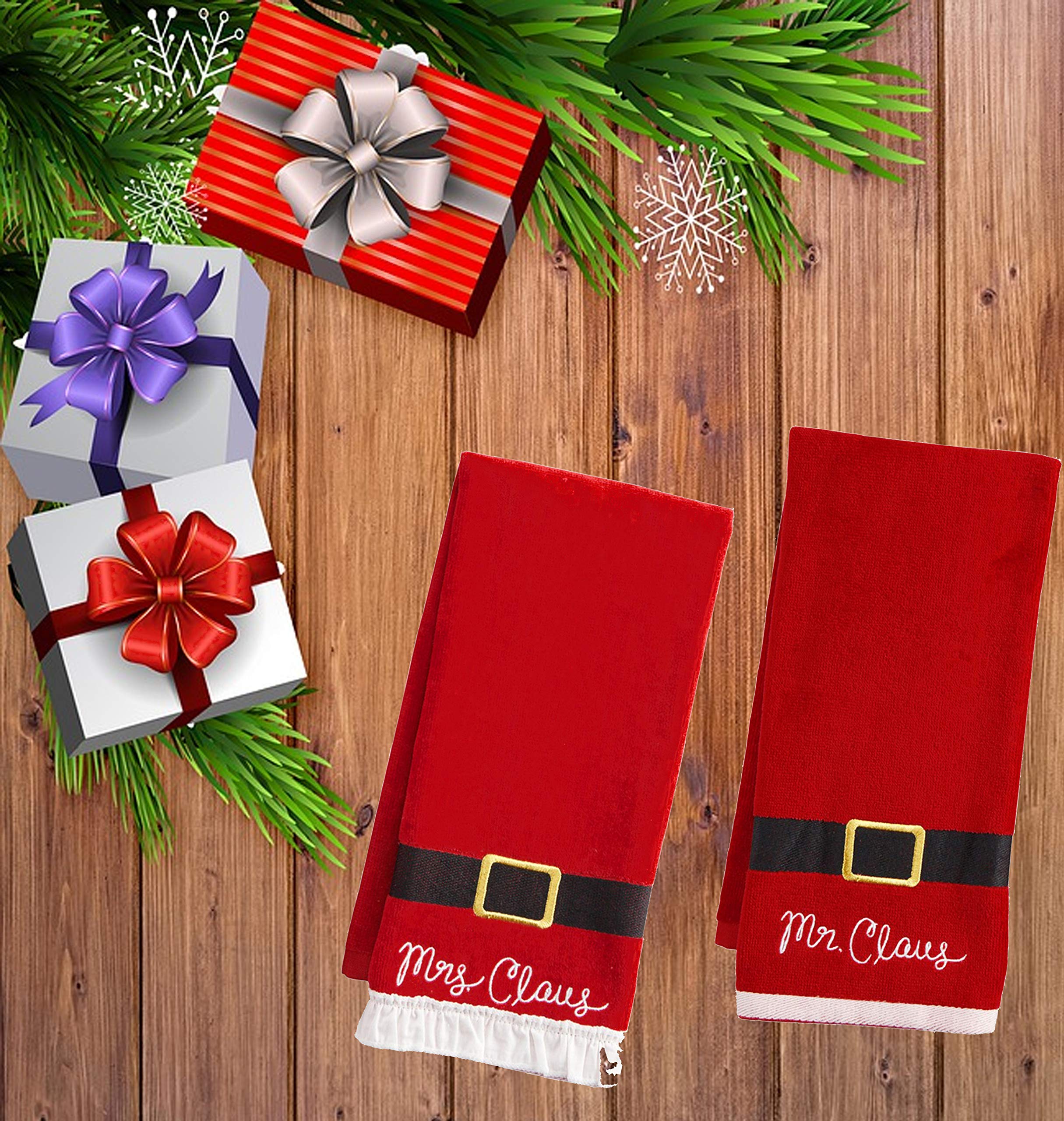 St. Nicholas Square Christmas Towels, Red Bath Hand Towel Set Of 2, Mr. & Mrs. Claus With Santa Belt Decorative Design 25 X 16 I