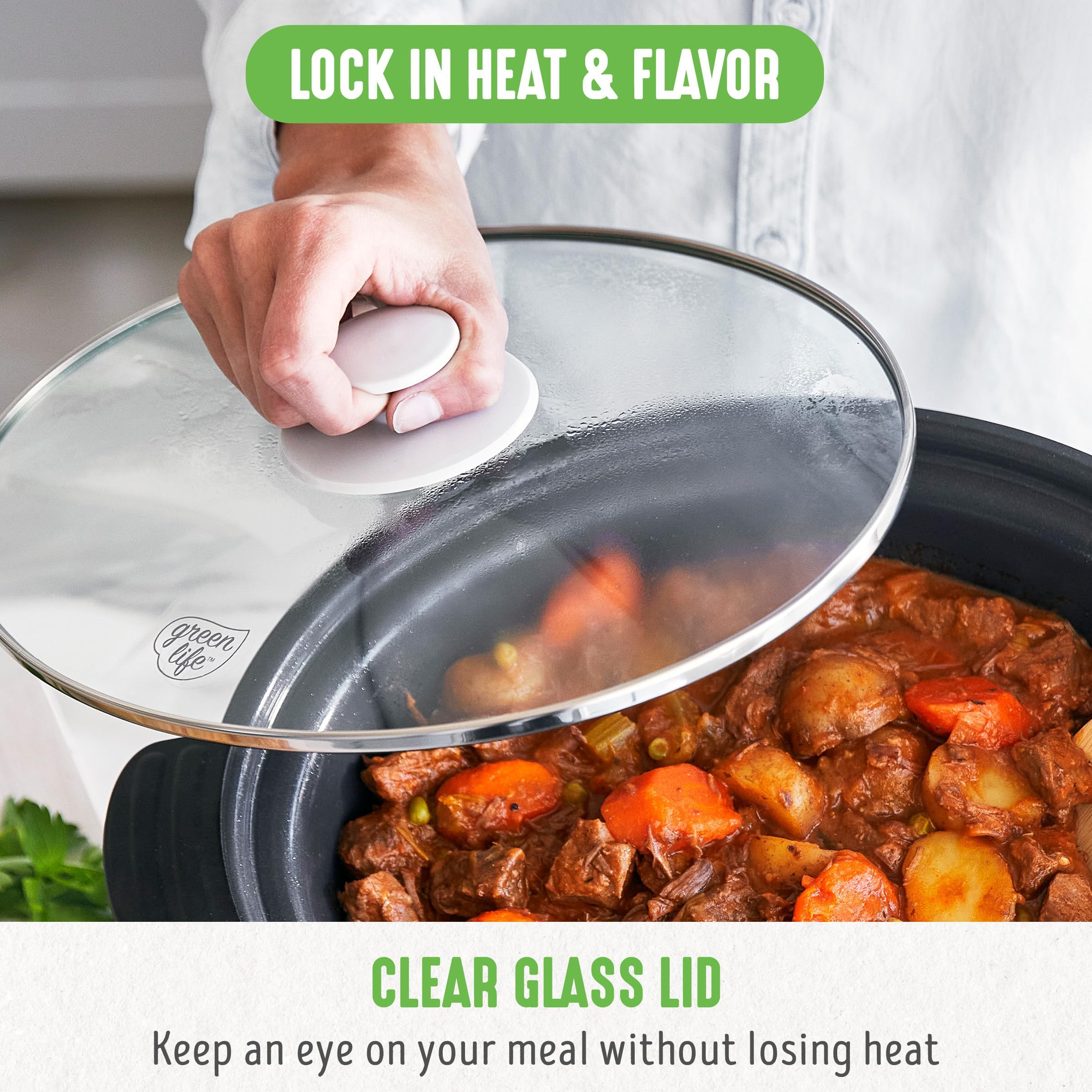 GreenLife 6QT Slow Cooker, PFAS-Free Ceramic Nonstick, Programmable, White, Model CC004774-001, Dishwasher Safe, Keep Warm Feature