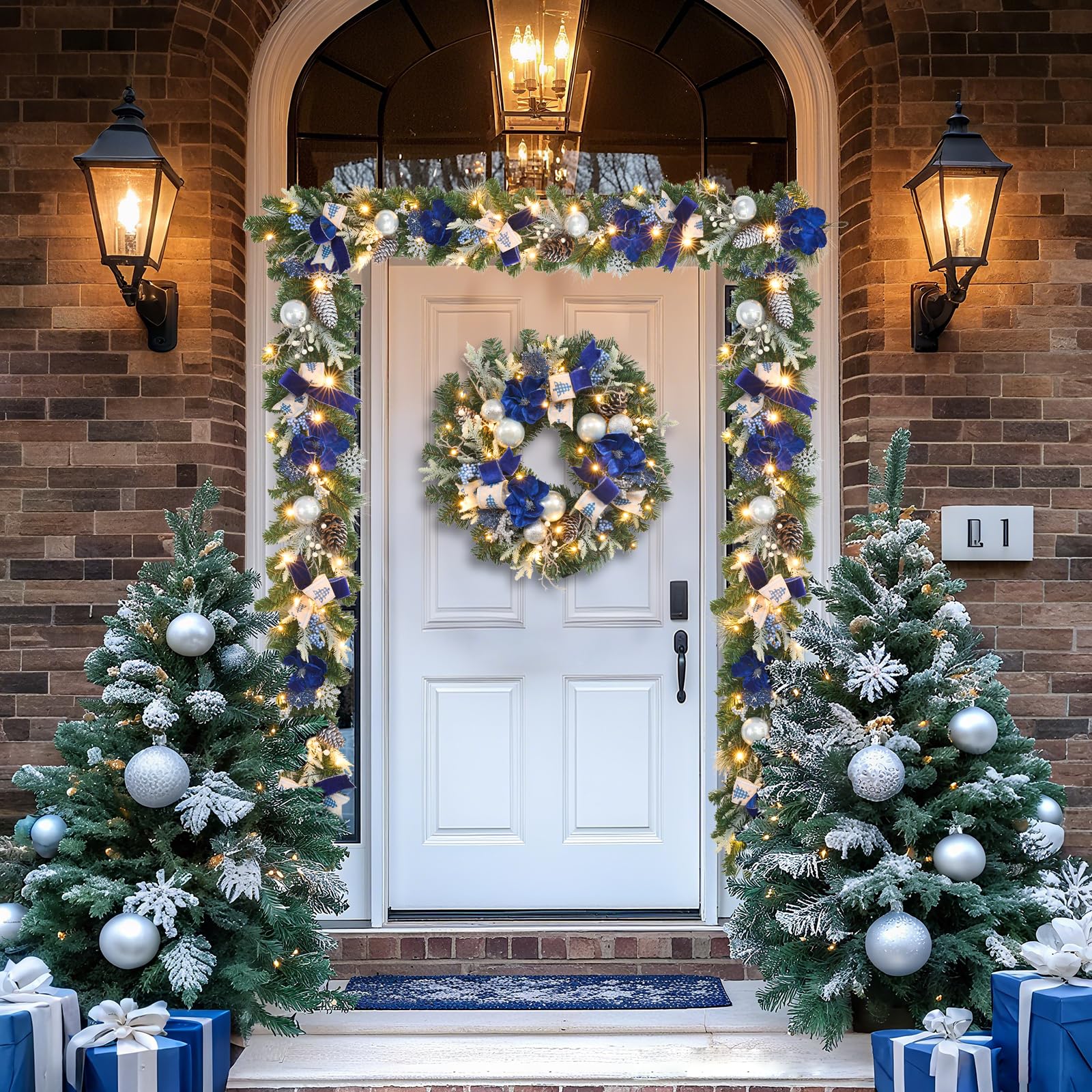 Pre-Lit Christmas Garland with Christmas Tree Icon Ribbon and Magnolia, 25 LED Lights with Timer, 6ft Lighted Silver Blue Garlan