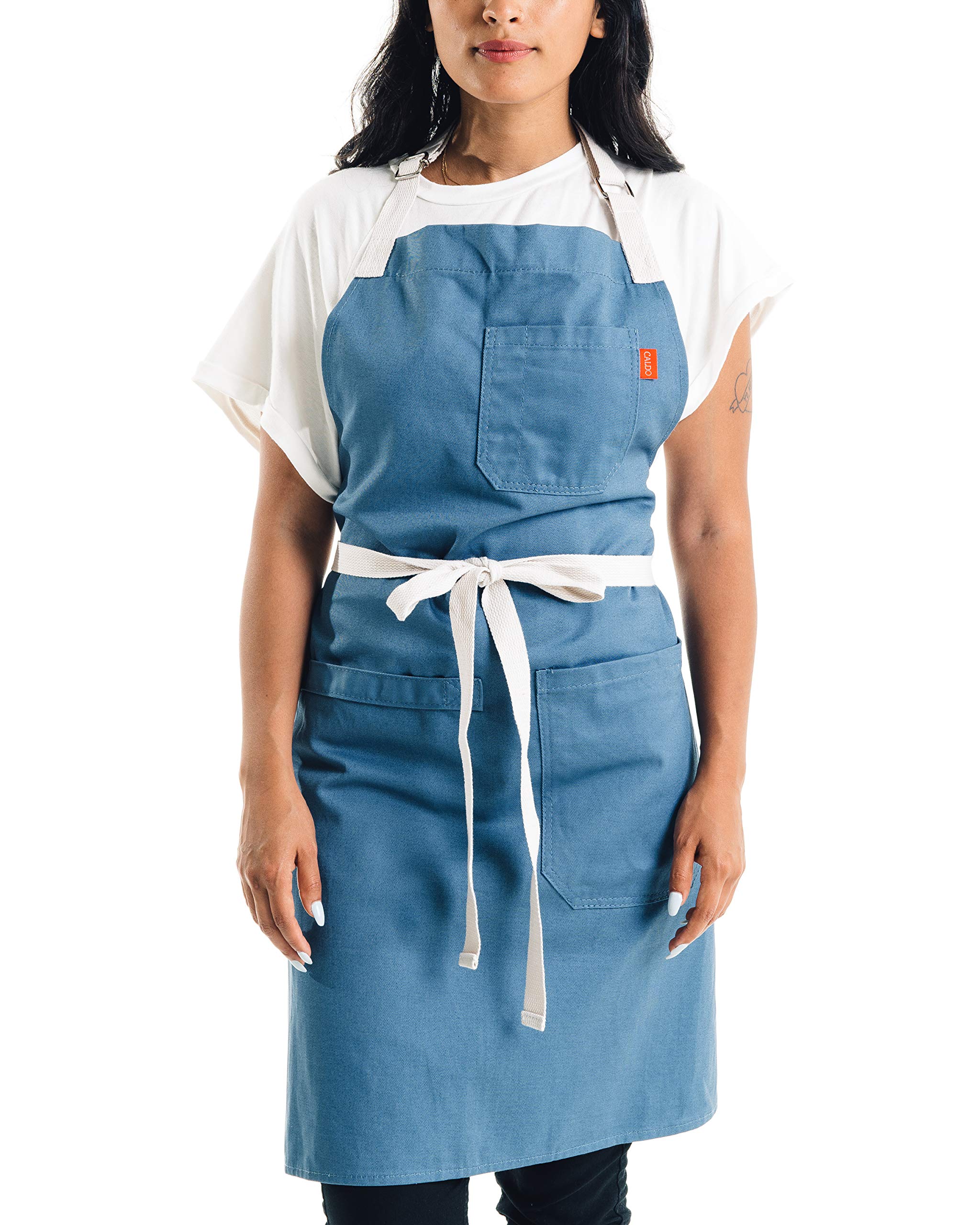 Caldo Daily Cotton Kitchen Apron For Cooking - Mens And Womens Professional Chef Or Server Bib Apron - Adjustable Straps With Po