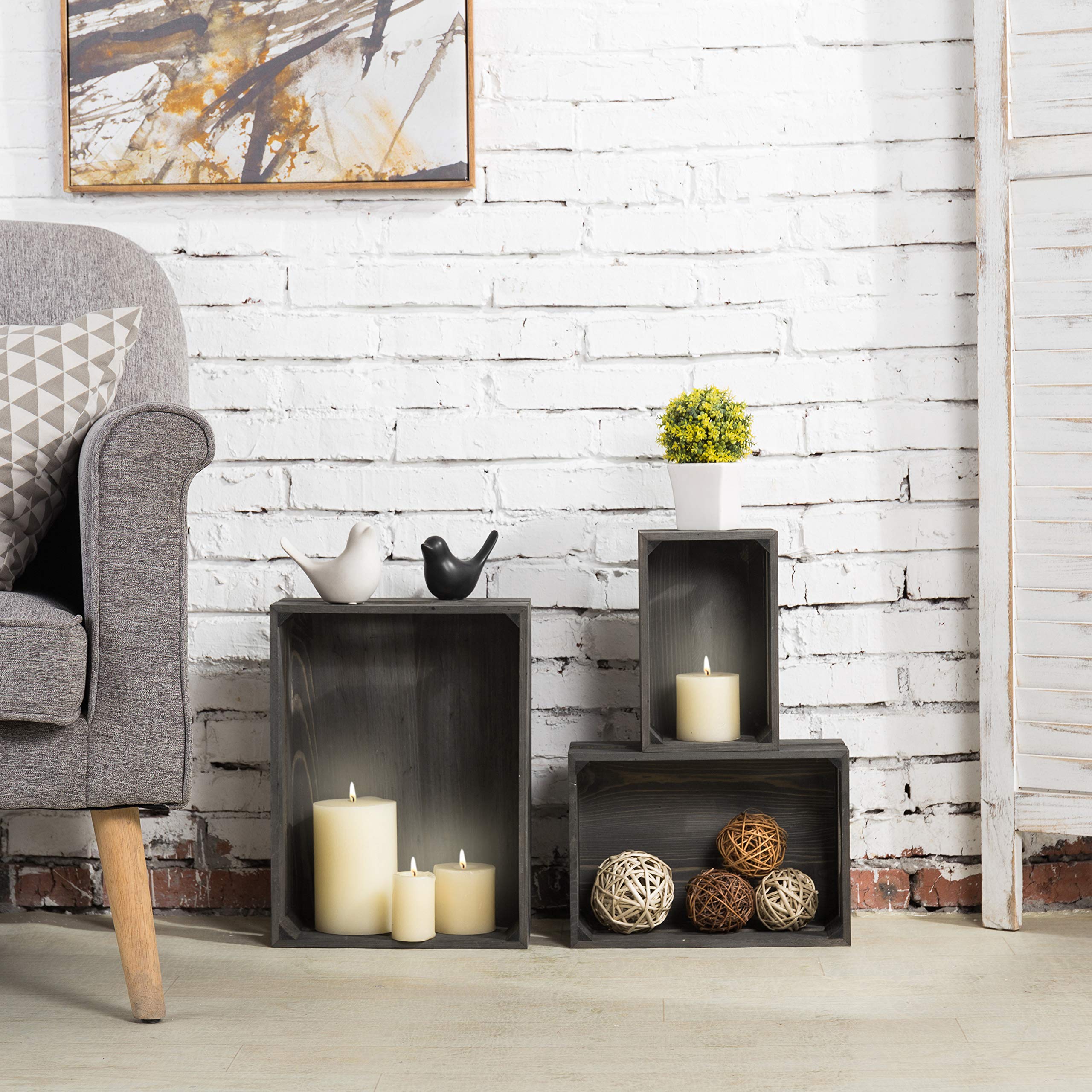 MyGift Rustic Gray Solid Wood Storage Organizer Box with Handle, 3 Piece Various Size Decorative Nesting Crate