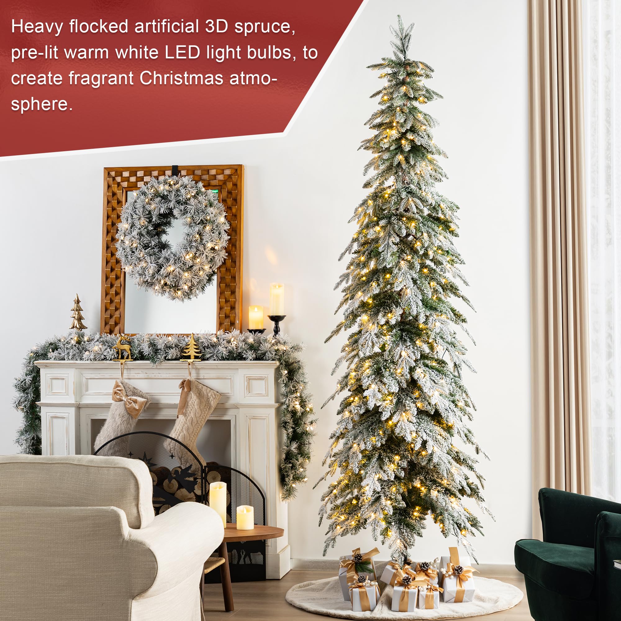 Glitzhome 9ft Prelit Christmas Tree, Artificial Christmas Tree with 470 Warm White Lights, Flocked Pencil Christmas Tree Chicago