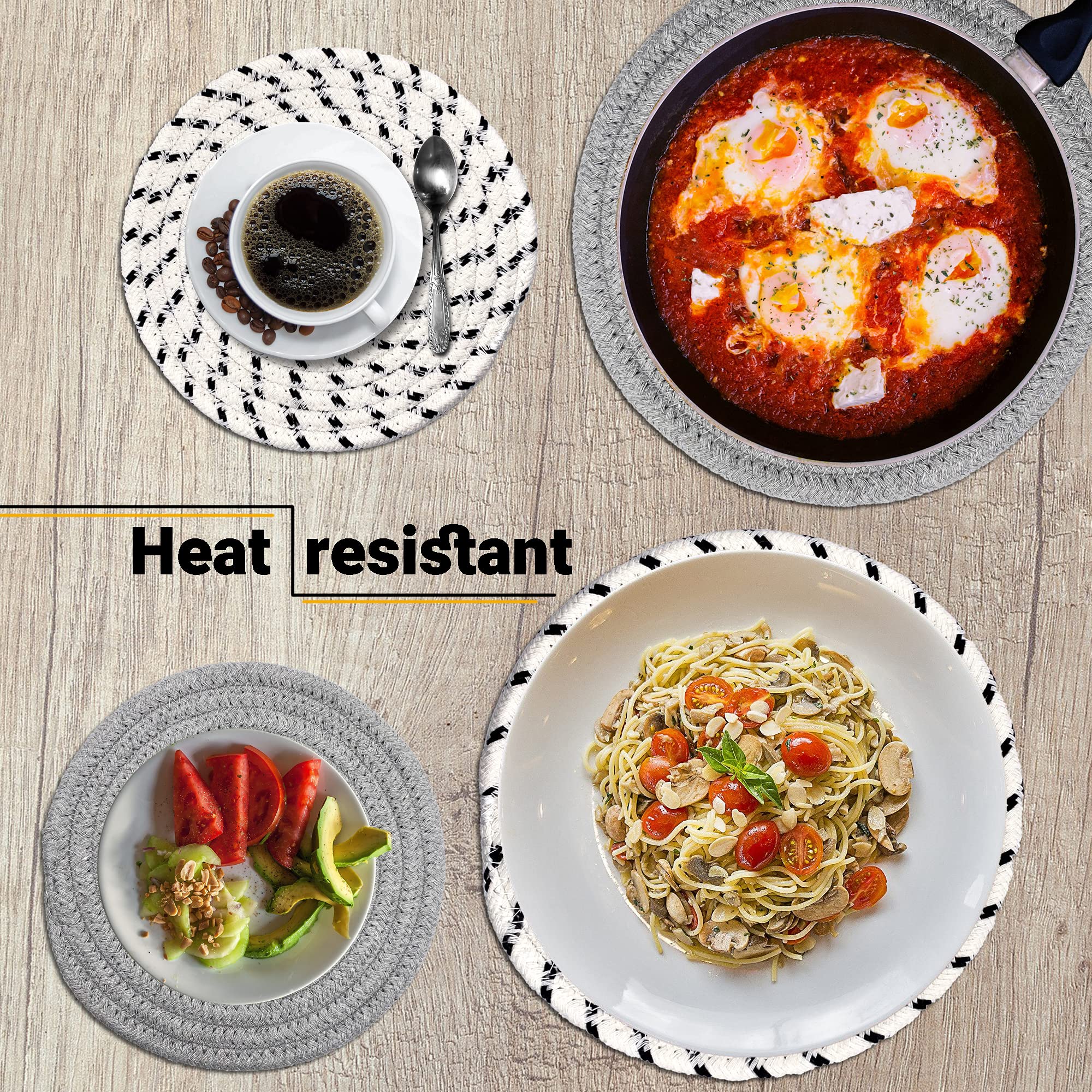 Set Of 4 Potholders & Trivets [2X9''+'' ''+''& ''+''2X7''+''] | Eco Pure Cotton Weave For Hot Pots & Pans | Gray + White & Black