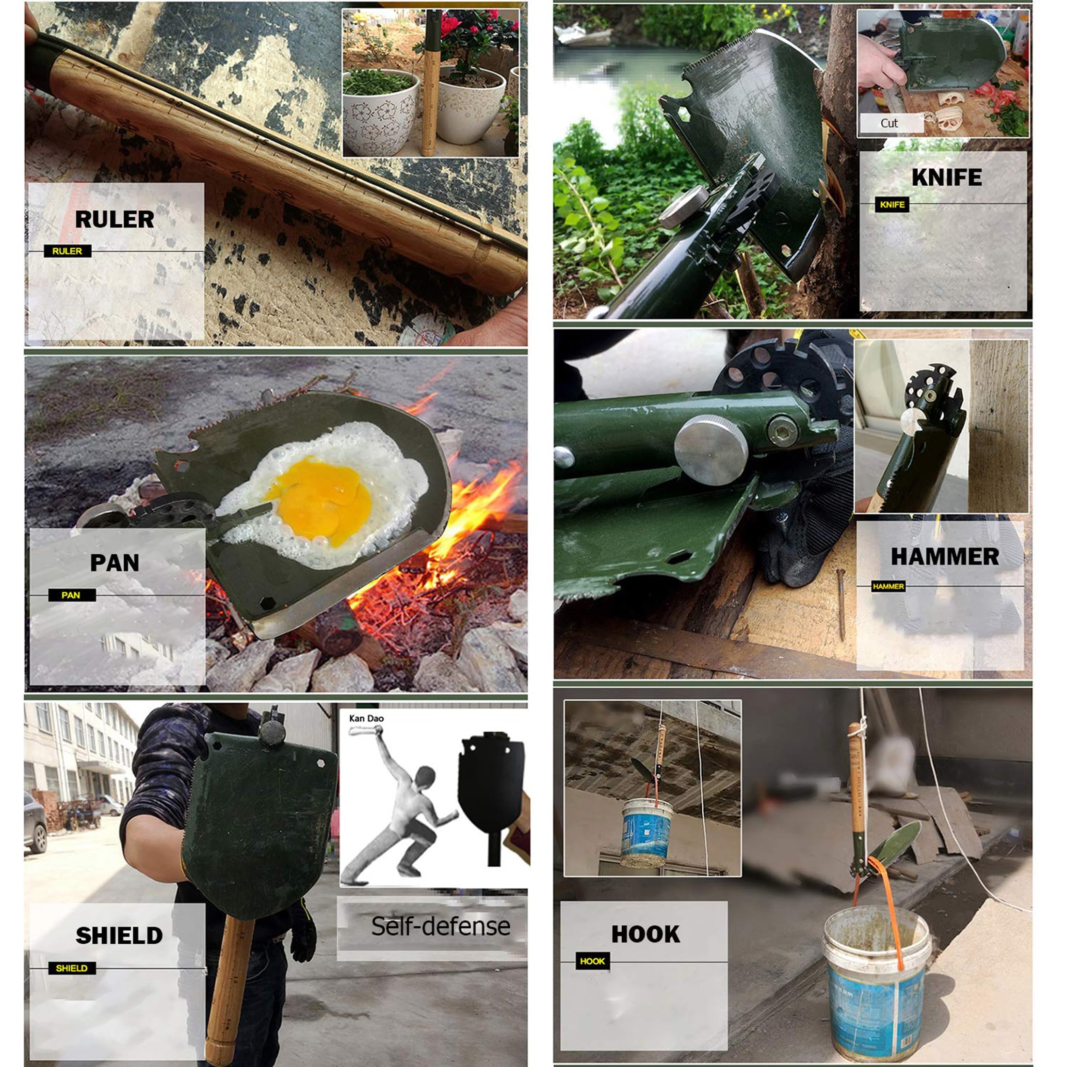 WJQ WJQ-308 Folding Military Shovel - 18 in 1 Camping Tool, 16 inch, Black with Waterproof Case