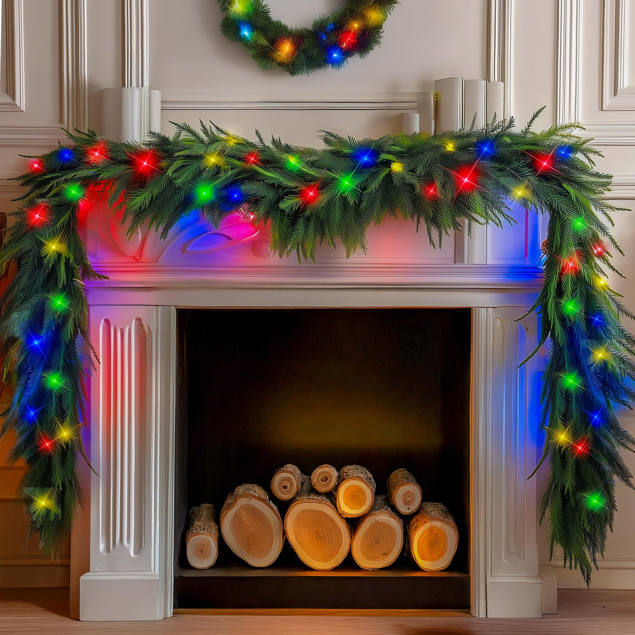 TW SHINE 9 FT Pre-Lit Christmas Garland Decorations, 50 LED Lighted Artificial Norfolk Pine Garlands with 8 Modes, Green Garland