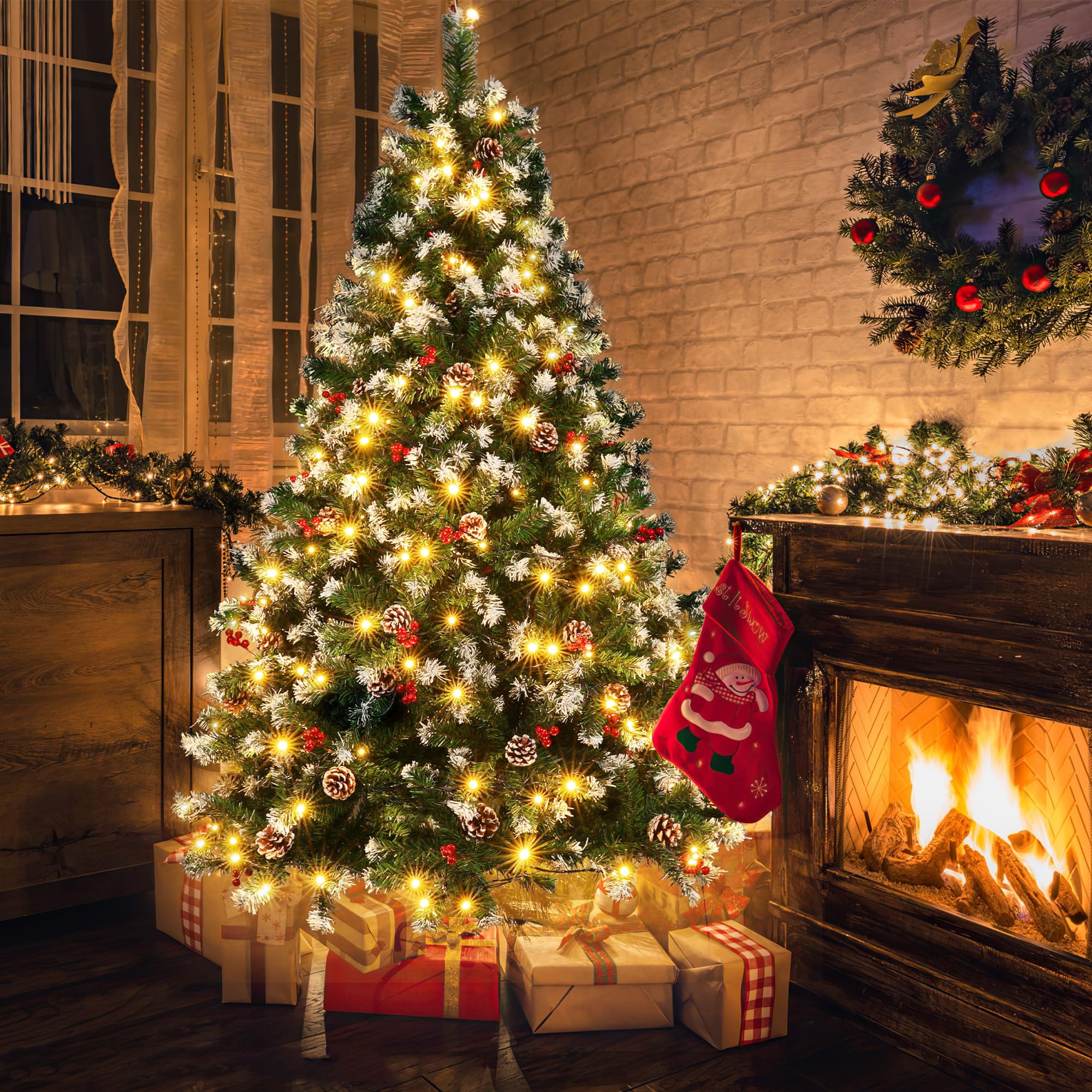 Hapsor Christmas Tree, 6ft Artificial Christmas Trees Pre lit Pre Decorated with 250 Warm Lights, Pine, Berry, Metal Hinged & Ba