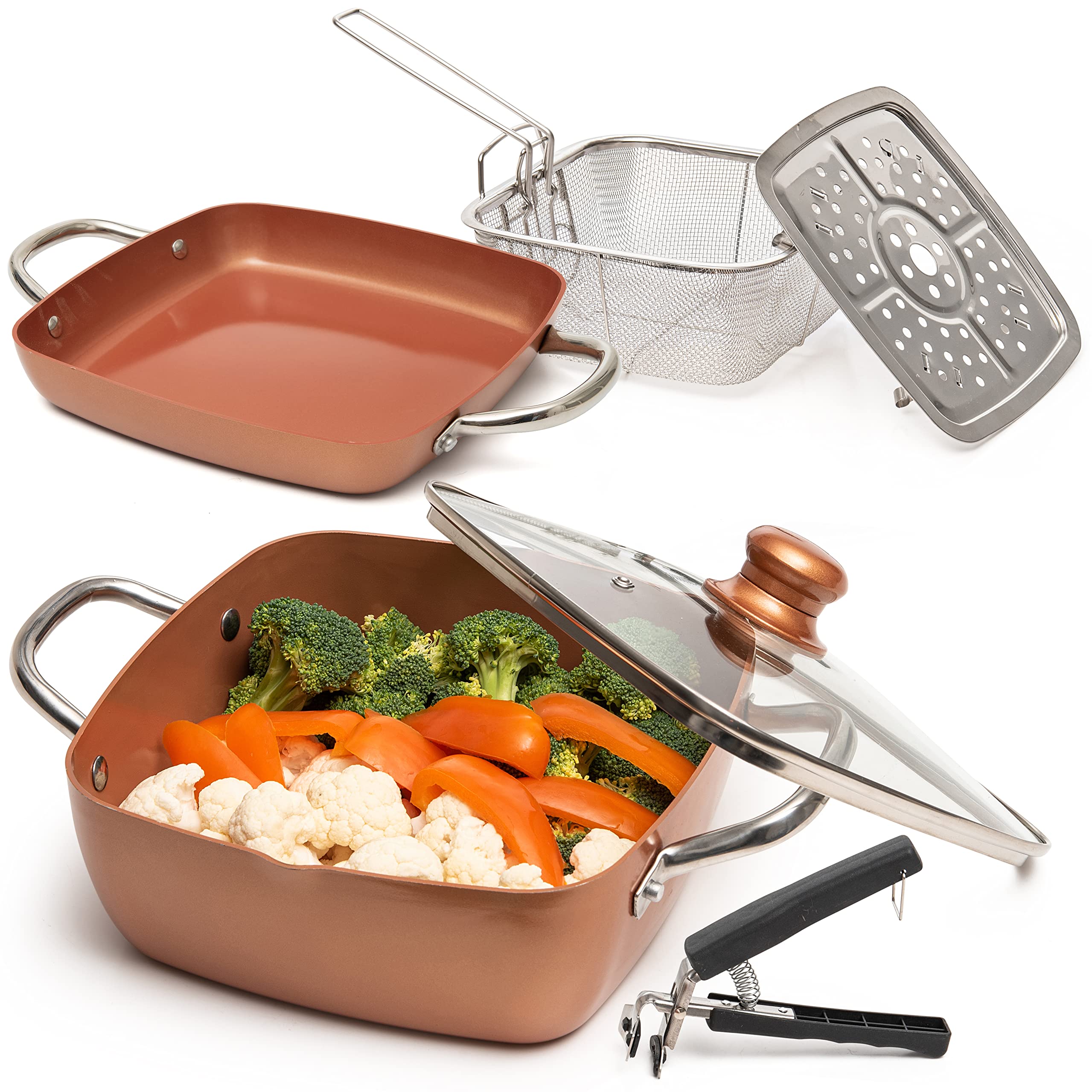 Moss & Stone Copper 6 Piece Set Chef Cookware, Non Stick Pan, Deep Square Pan, Fry Basket, Steamer Tray, Dishwasher & Oven Safe,