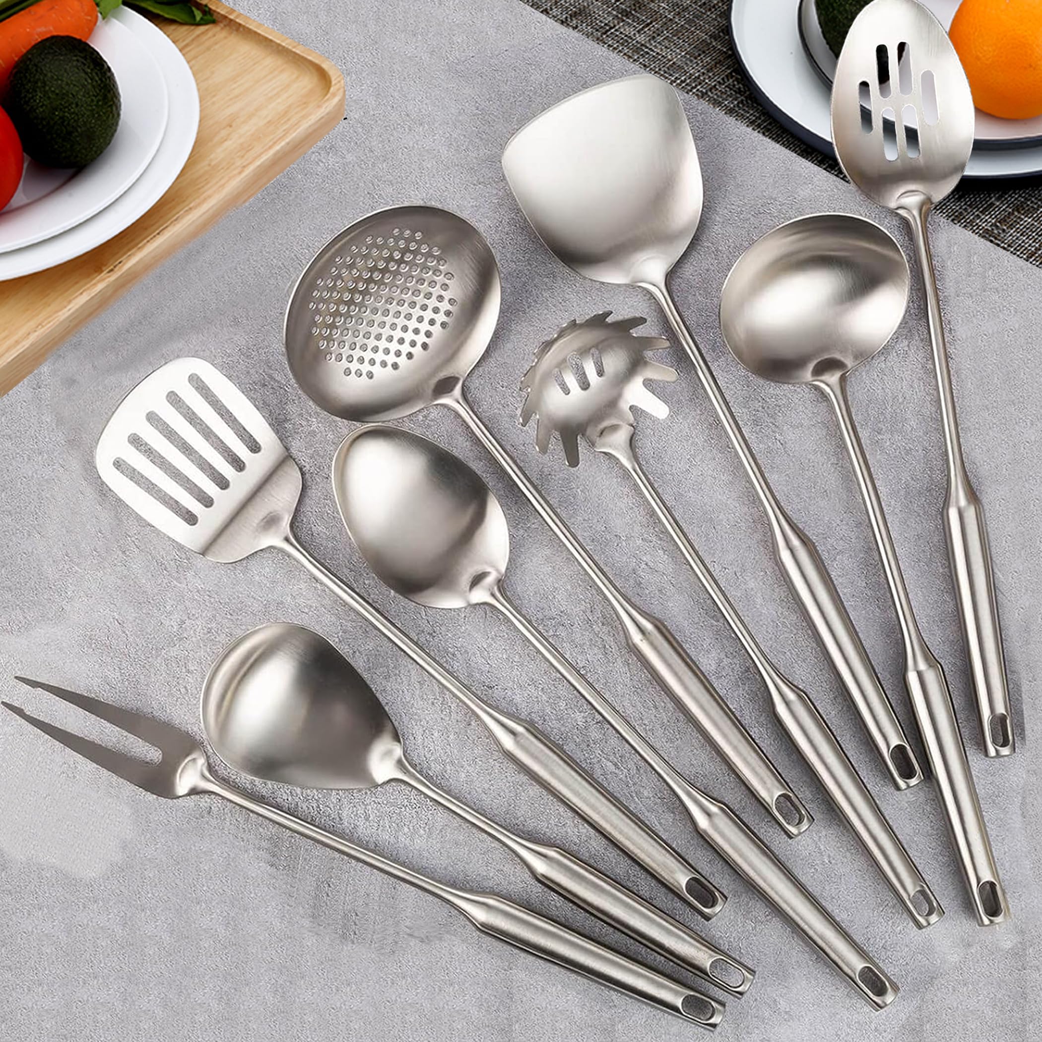 Niitawh 304 Stainless Steel Kitchen Utensils, 9 Pcs Metal Cooking Utensils Set, Solid Spoon, Slotted Spoon, Fork, Spatula, Ladle