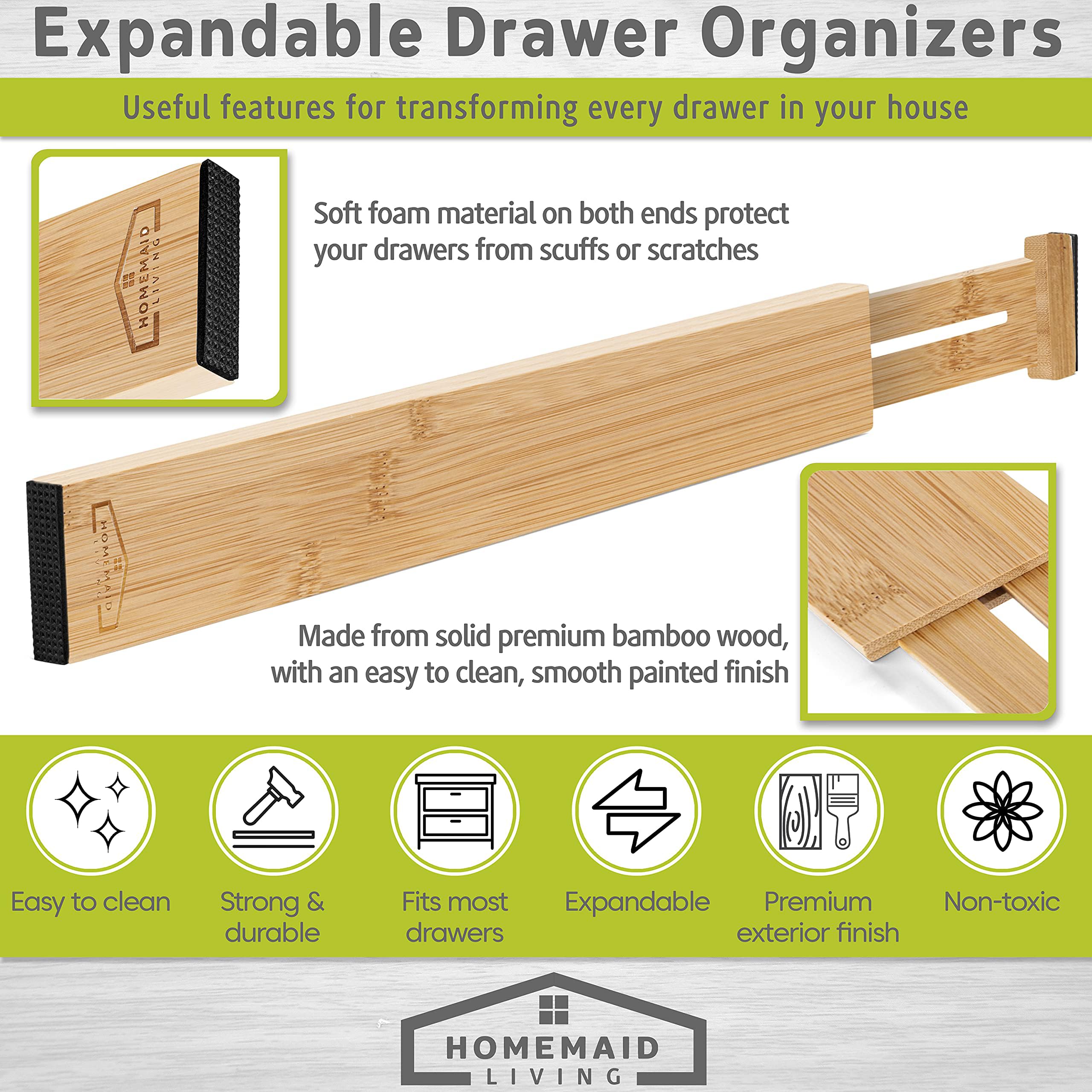 Homemaid Living Bamboo Drawer Dividers Adjustable & Expandable, Kitchen Drawer Organizer, Ideal for Silverware Drawer Organizer,