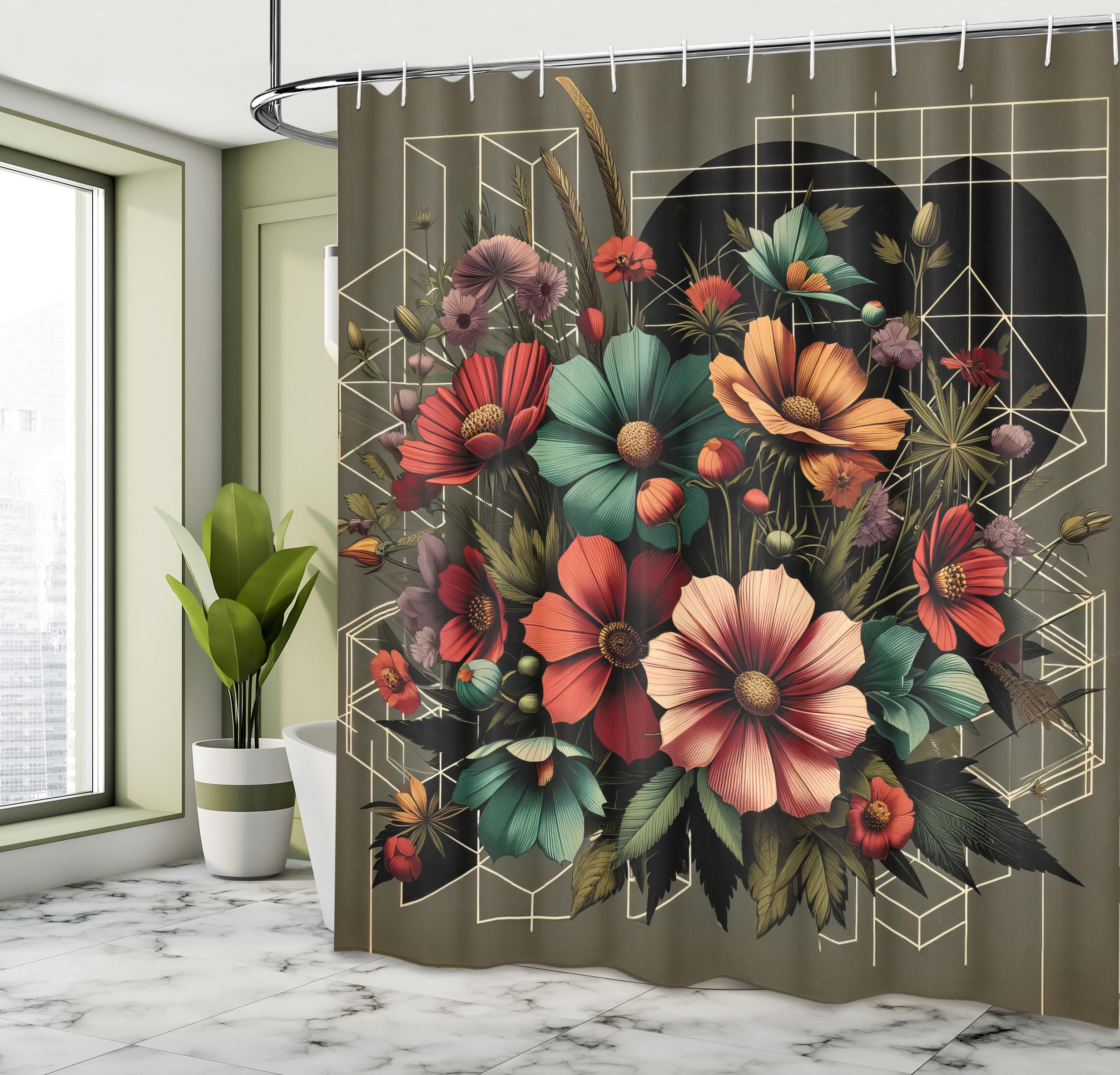 Ambesonne Floral Shower Curtain, Futurist Composition Of Geometric Lines Shapes And Flower Bouquet Art, Cloth Fabric Bathroom De