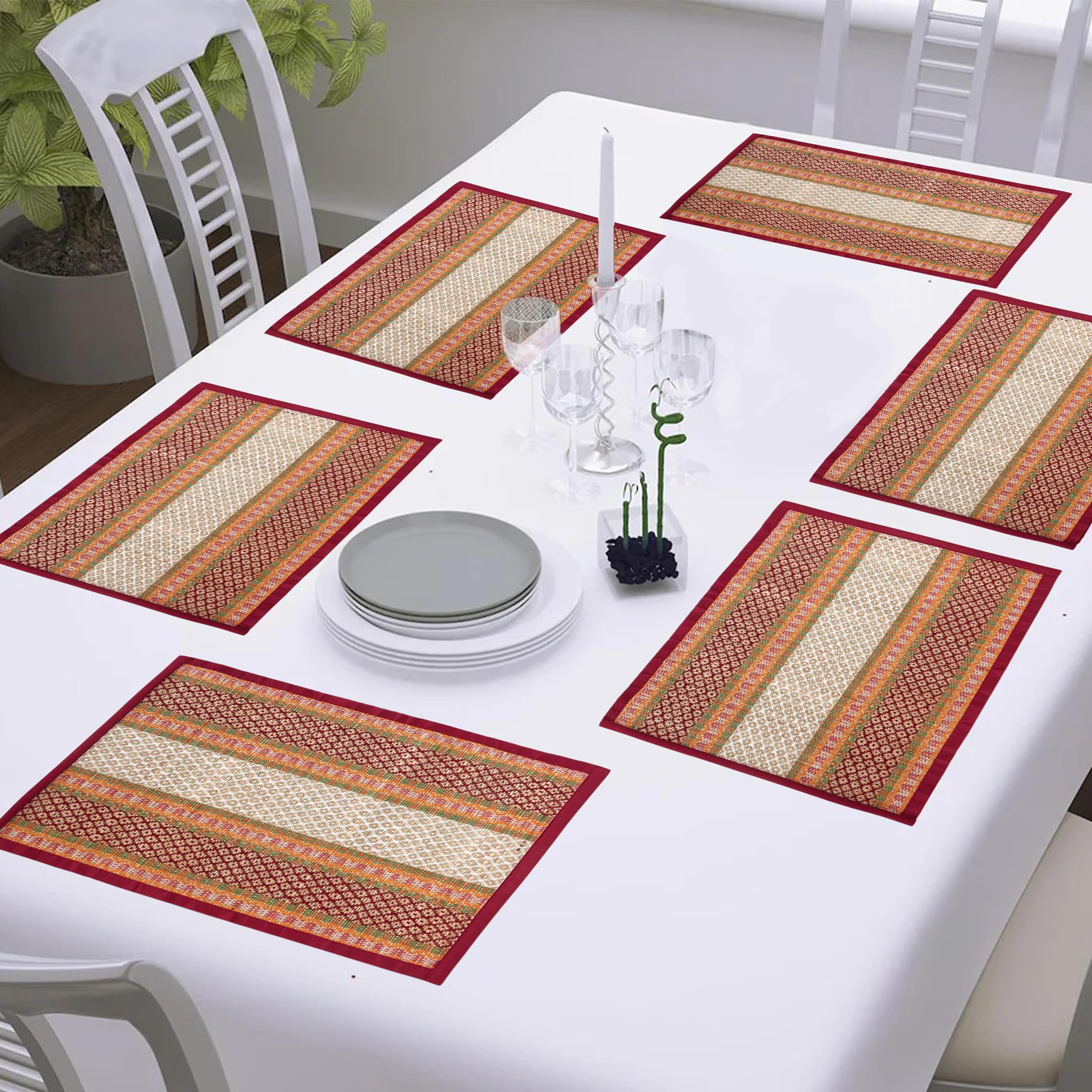 Kalatree Table Mats Set Of 6 Handmade Reversible Heat Resistant | River Grass Dining Placemats Zero Plastic | Natural Madurkathi