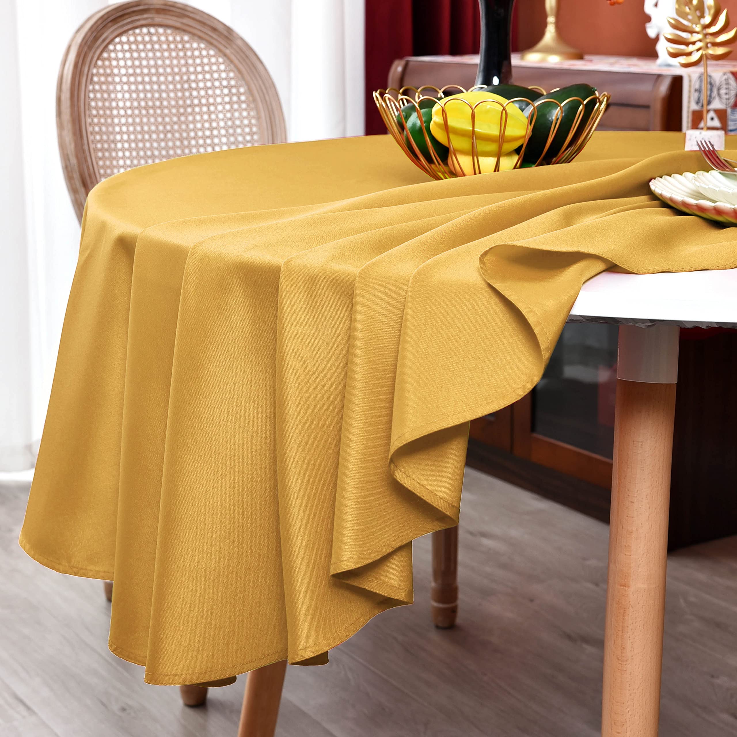 Meanmoy Gold 210 Gsm Water & Stain Resistant Round Tablecloth For Circle Table - Solid 60 Inch Table Cloth Cover In Wrinkle Free