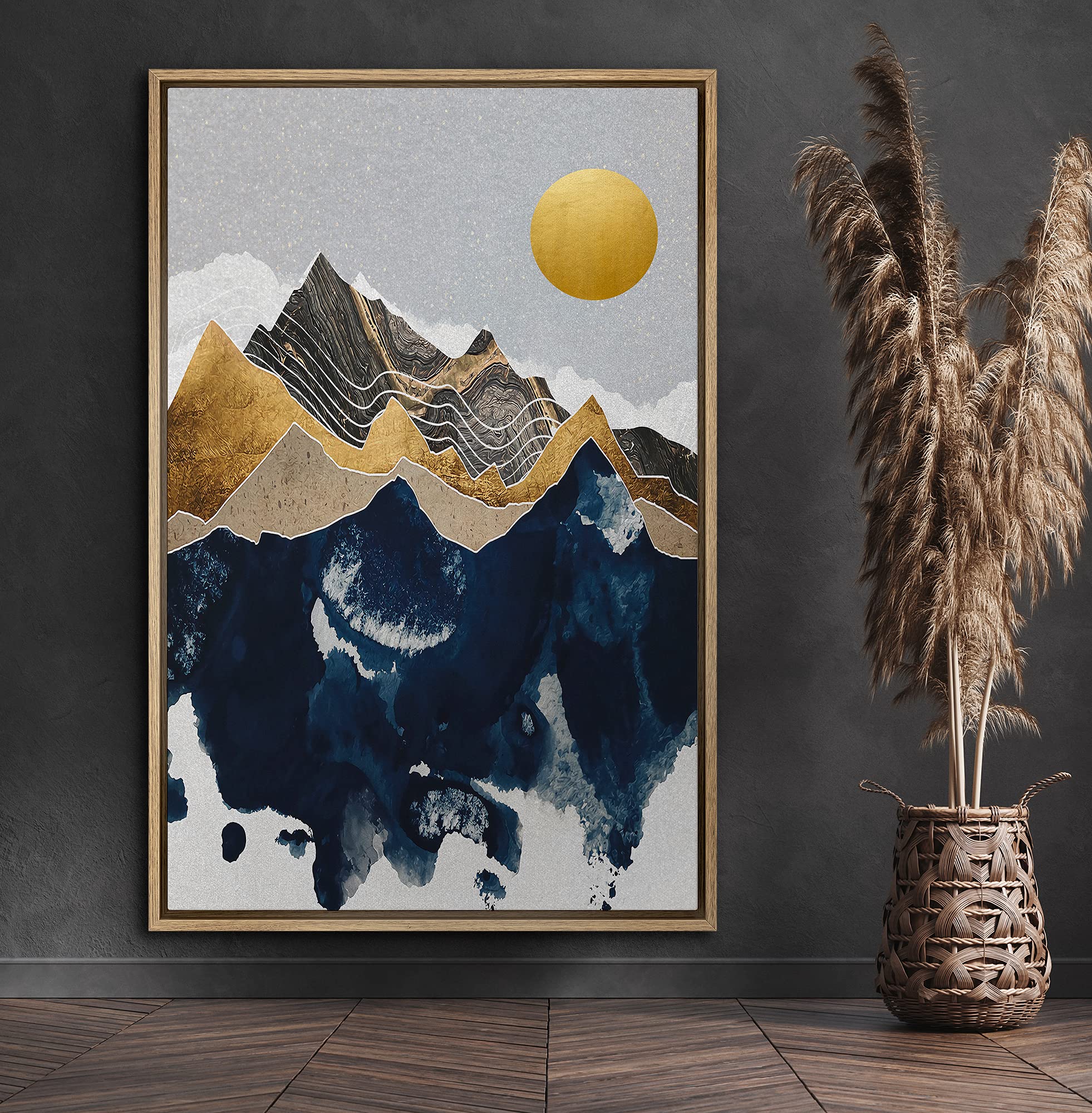 Signford Framed Canvas Print Wall Art Granite Mountains With Golden Sun Abstract Wilderness Illustrations Modern Art Contemporar