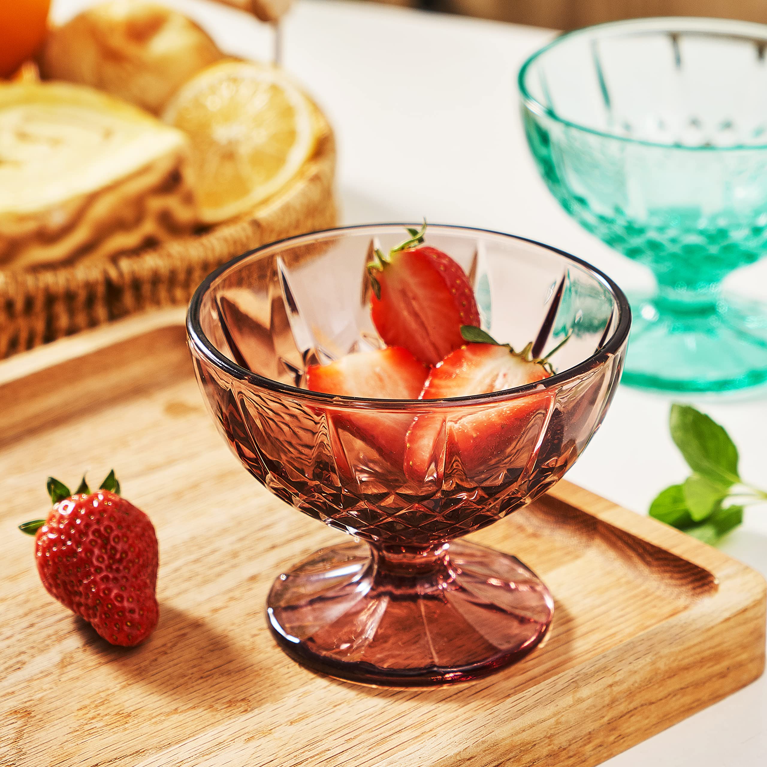 Kmwares 4Pcs Set 8Oz Colored Footed Glass Dessert Bowls/Cups
