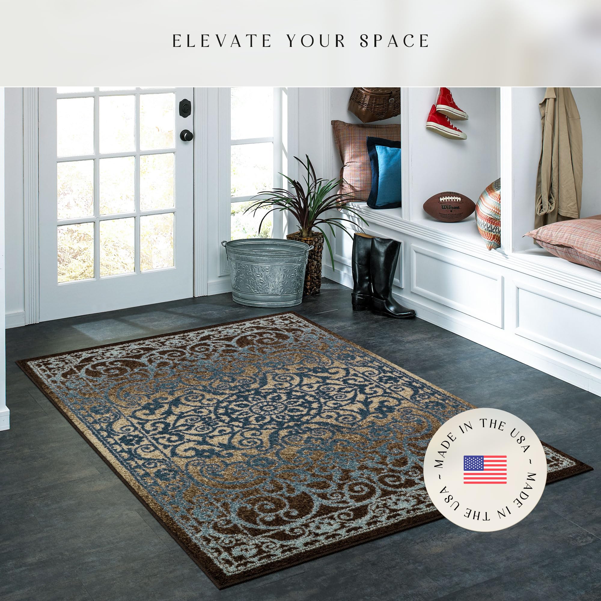 Maples Rugs Pelham Transitional Area Rugs - Made in USA - Washable, Non Slip, Pet-Friendly Mat for Bedroom, Office, and Entryway