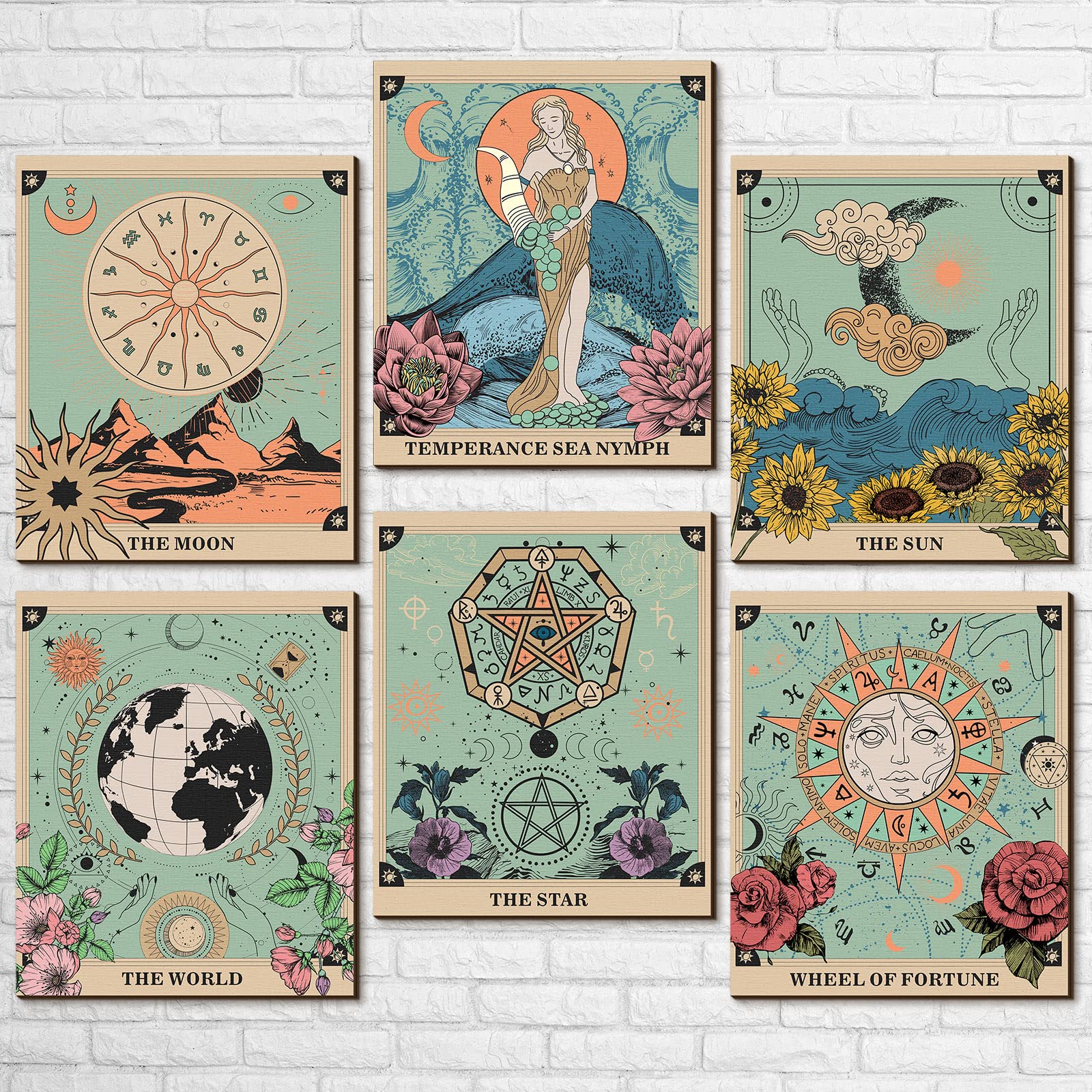 6 Pieces Tarot Cards Sun Moon And Star Tarot Wall Decor Vintage Wall Art Bohemian Witchy Print Posters Aesthetic Gothic Minimali