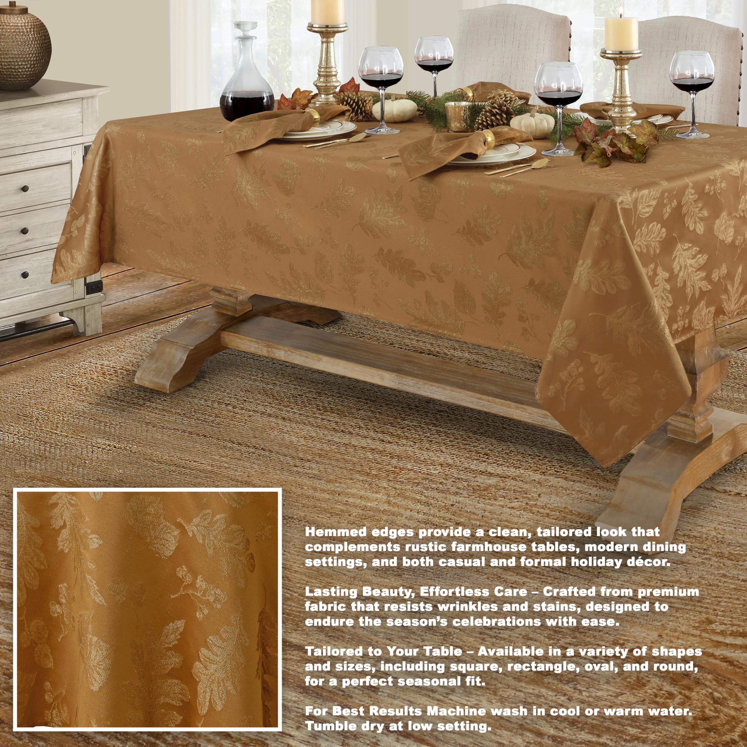 Newbridge Metallic Autumn Leaf Damask Fall  Thanksgiving Fabric Tablecloth  Fall Rustic Swirling Leaves Soil Resistant Easy Care Tablecloth  60? x 144? Oblong/Rectangle  Bronze/Gold