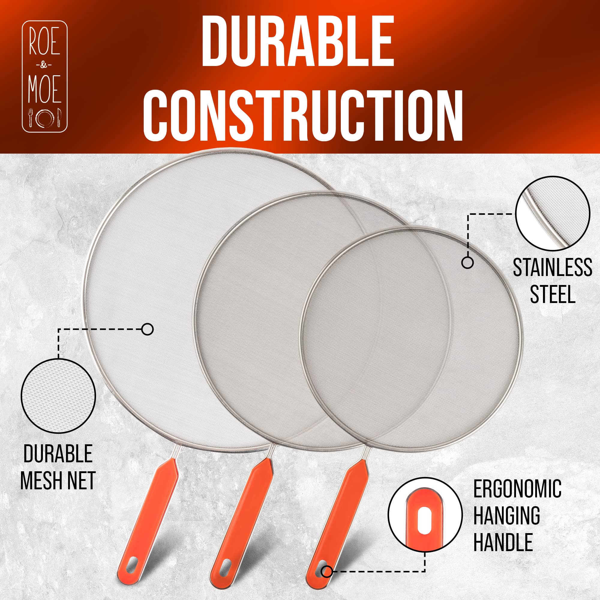 Roe & Moe Splatter Screens - Stainless Steel Splatter Screens For Frying Pan With Insulated Handles - Grease Splatter Guards For