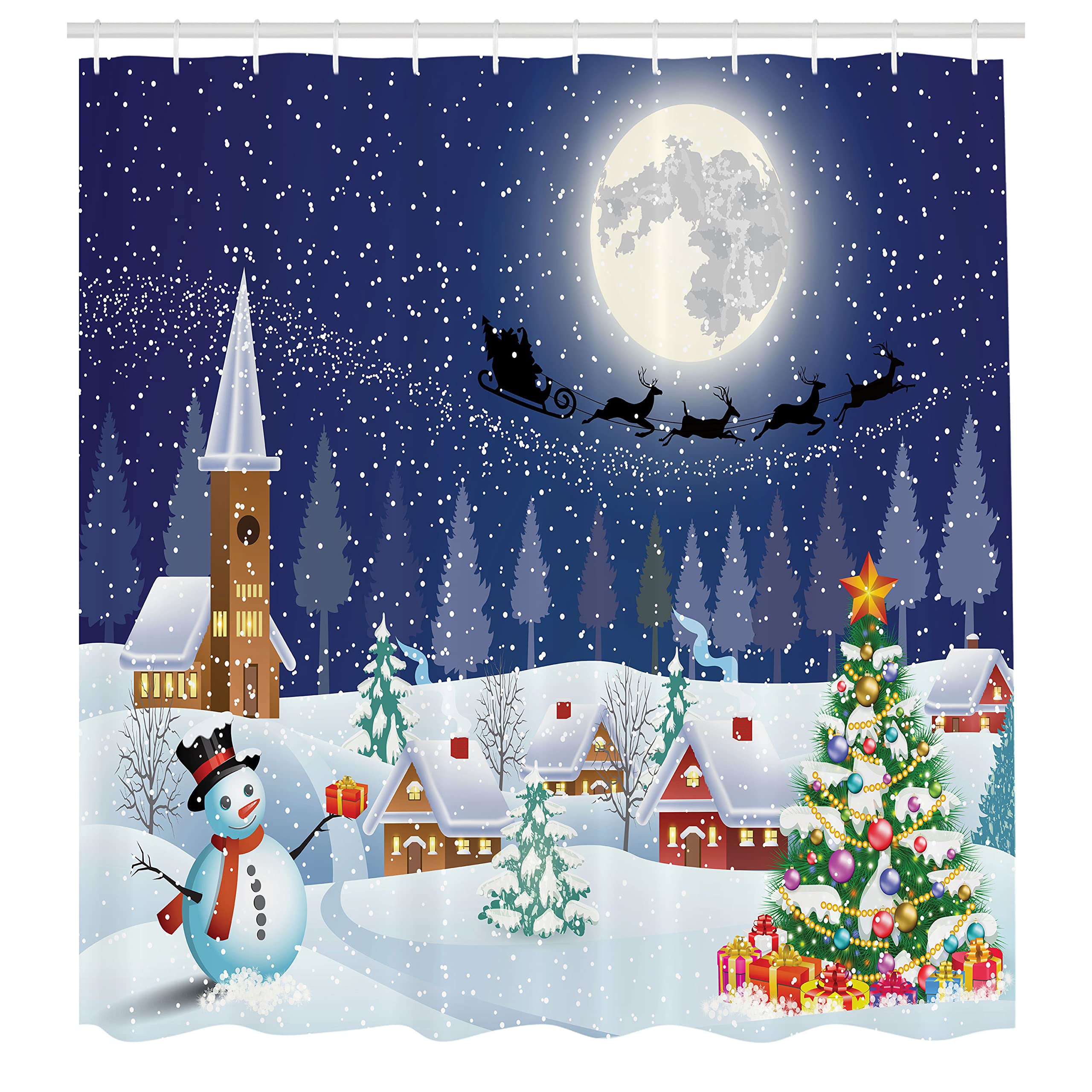 Ambesonne Christmas Shower Curtain, Winter Season Snowman Xmas Tree Santa Sleigh Moon Present Boxes Snow And Stars, Cloth Fabric