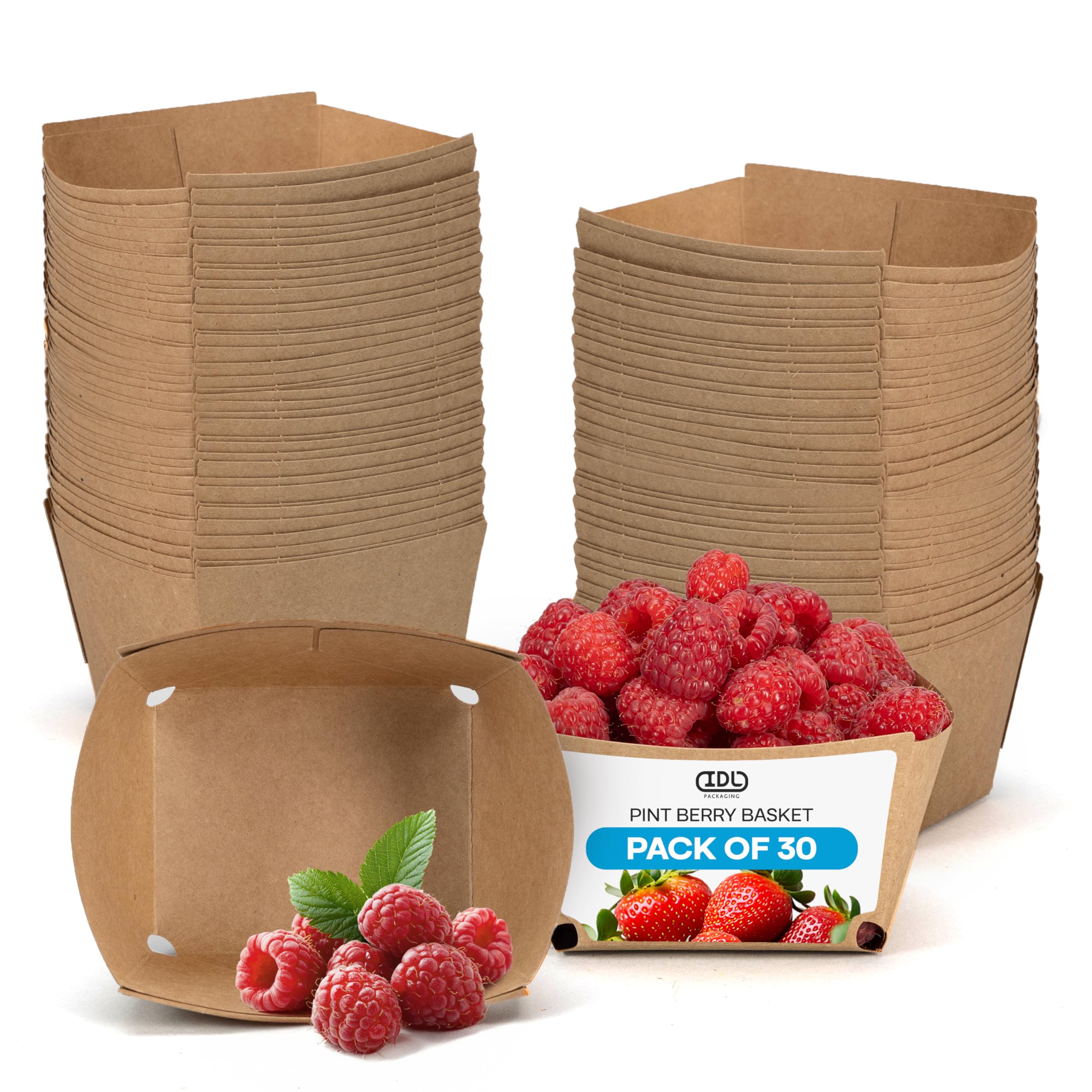 IDL Packaging Pint Berry Basket, Brown (Pack of 30) - Strong and Food-Safe Cardboard Containers for Freezing or Storing Small Fr