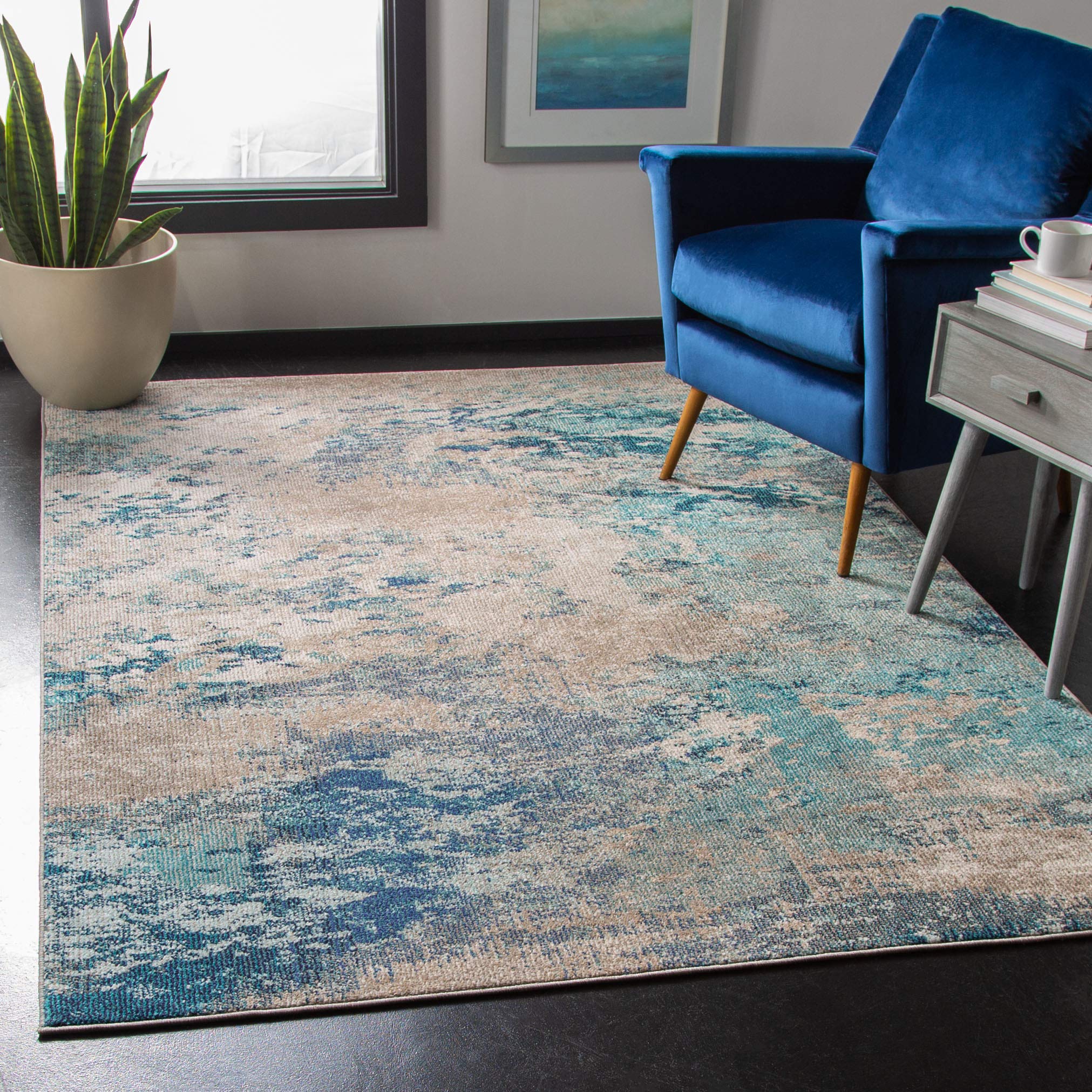 SAFAVIEH Madison Collection Area Rug - 53 x 76, Blue & Grey, Modern Boho Abstract Design, Non-Shedding & Easy Care, Ideal for 