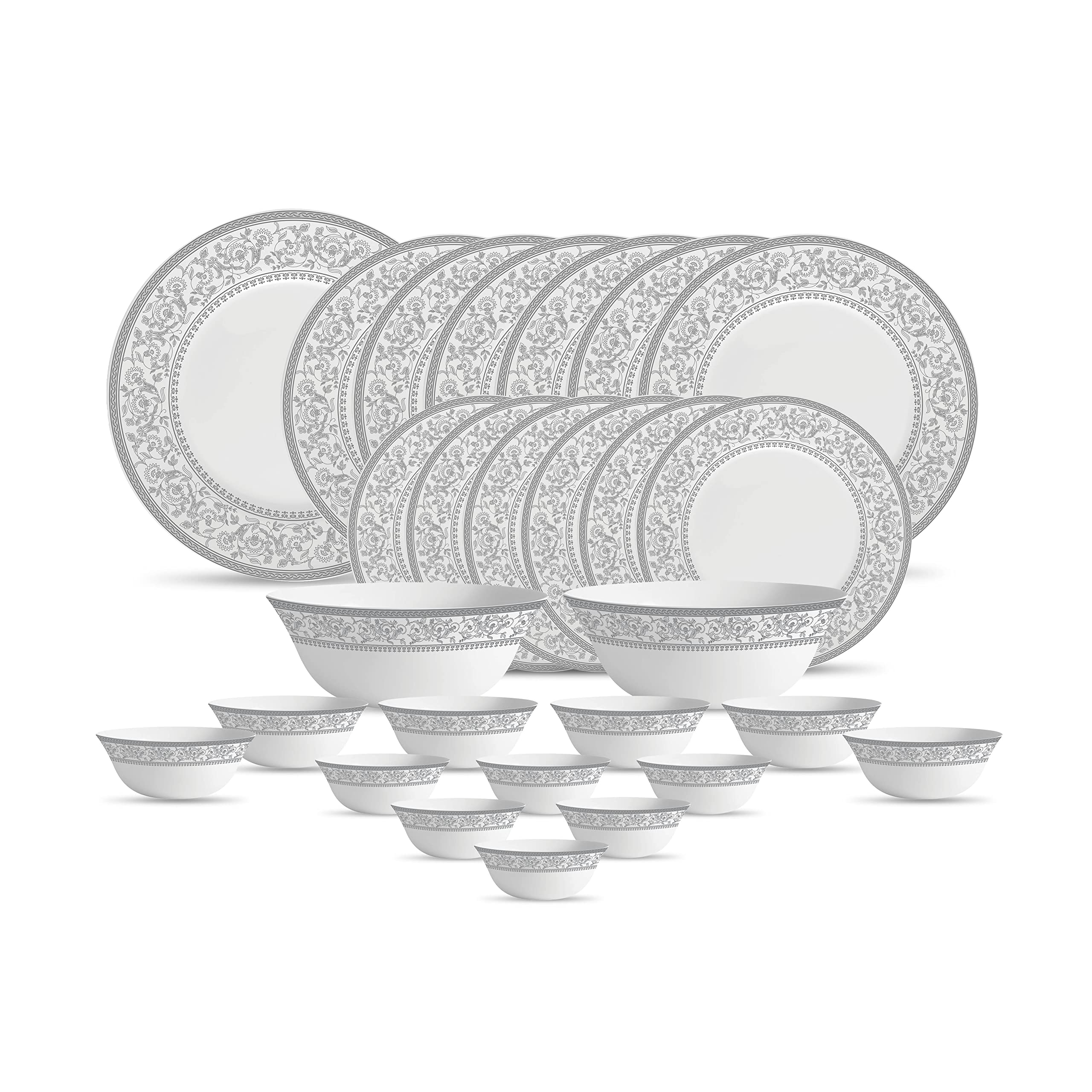La Opala Diva Sovrana Collection Opal Glass Crockery | For Family Of 6 | Dinner Set 27 Pcs Persian Silver | Plates & Bowls For D