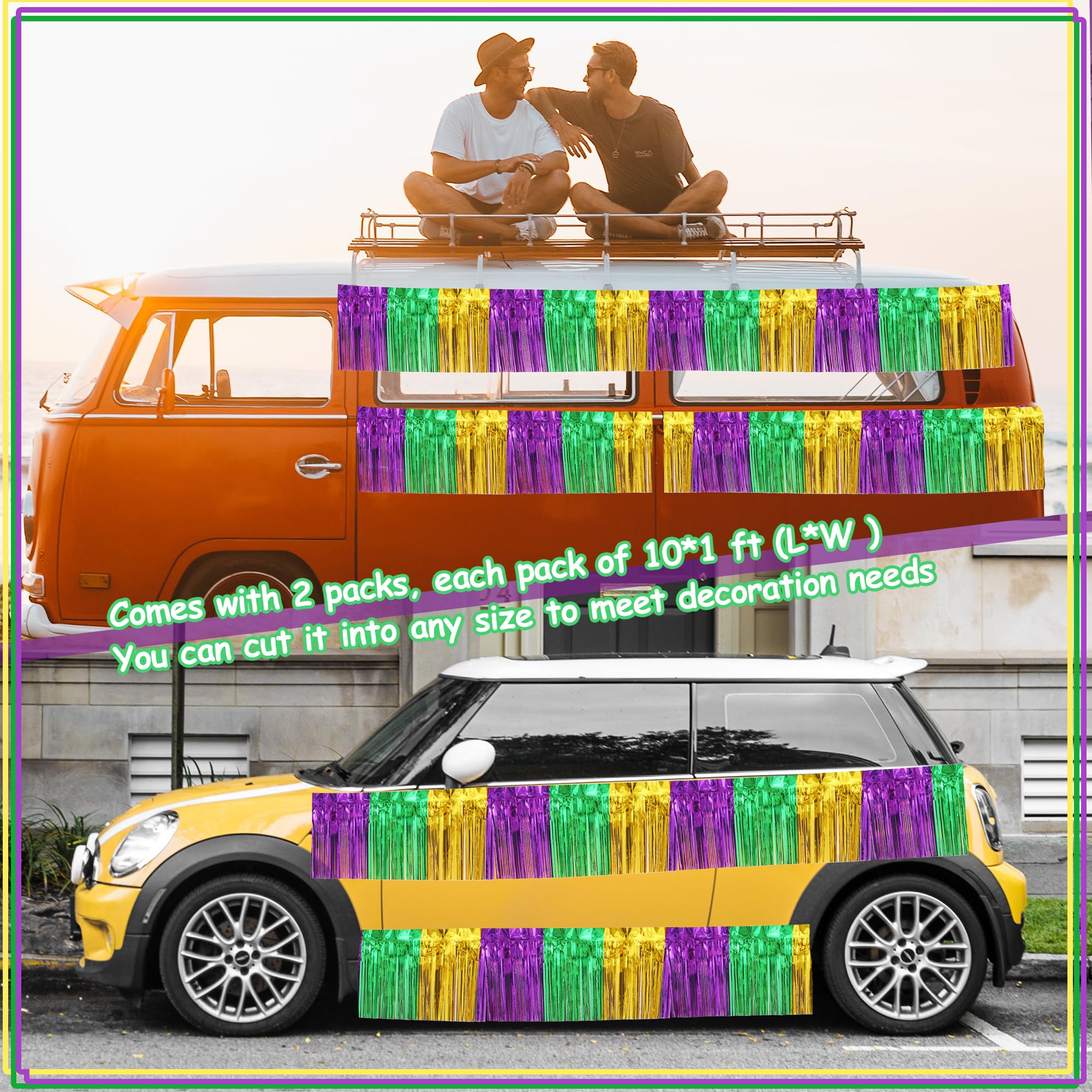 2 Pack 10 Feet Green Gold Purple Foil Fringe Garland Metallic Tinsel Streamers Banner Fringe Backdrop Banner for Parade Floats M