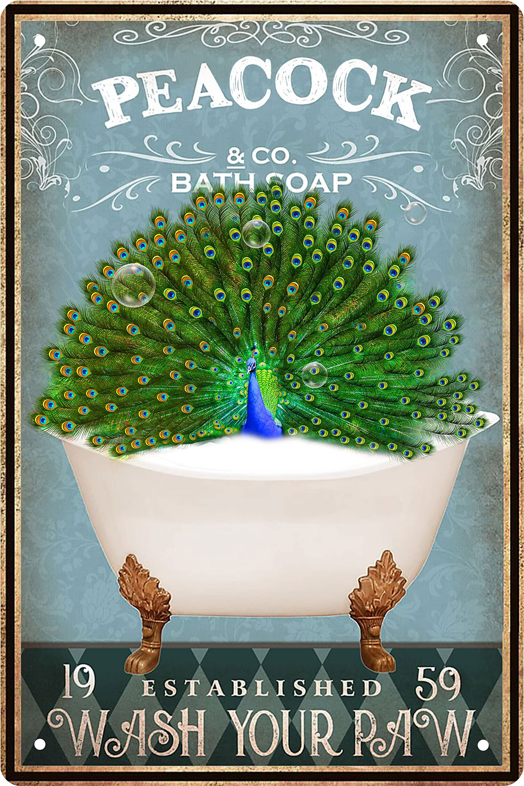 Funny Peacock Decor Vintage Bathroom And Bathtub Metal Tin Sign Decor Bear Pet Lovers Gift Farm Home Bar Bathroom Man Cave Retro
