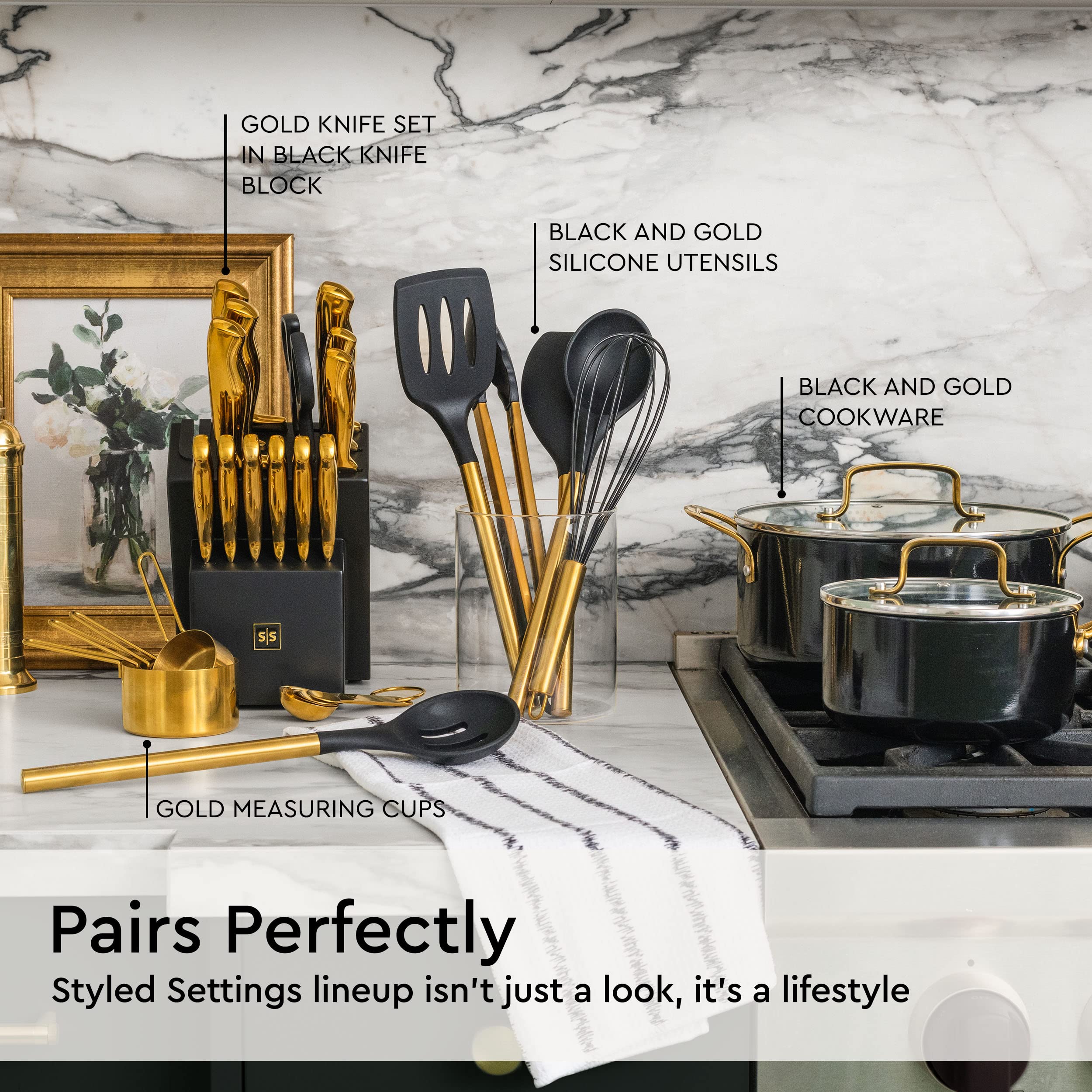 Black And Gold Kitchen Utensils Set 6Pc Black Silicone Utensils Set Includes: Gold Tongs, Gold Whisk, Gold Serving Spoon, Gold S