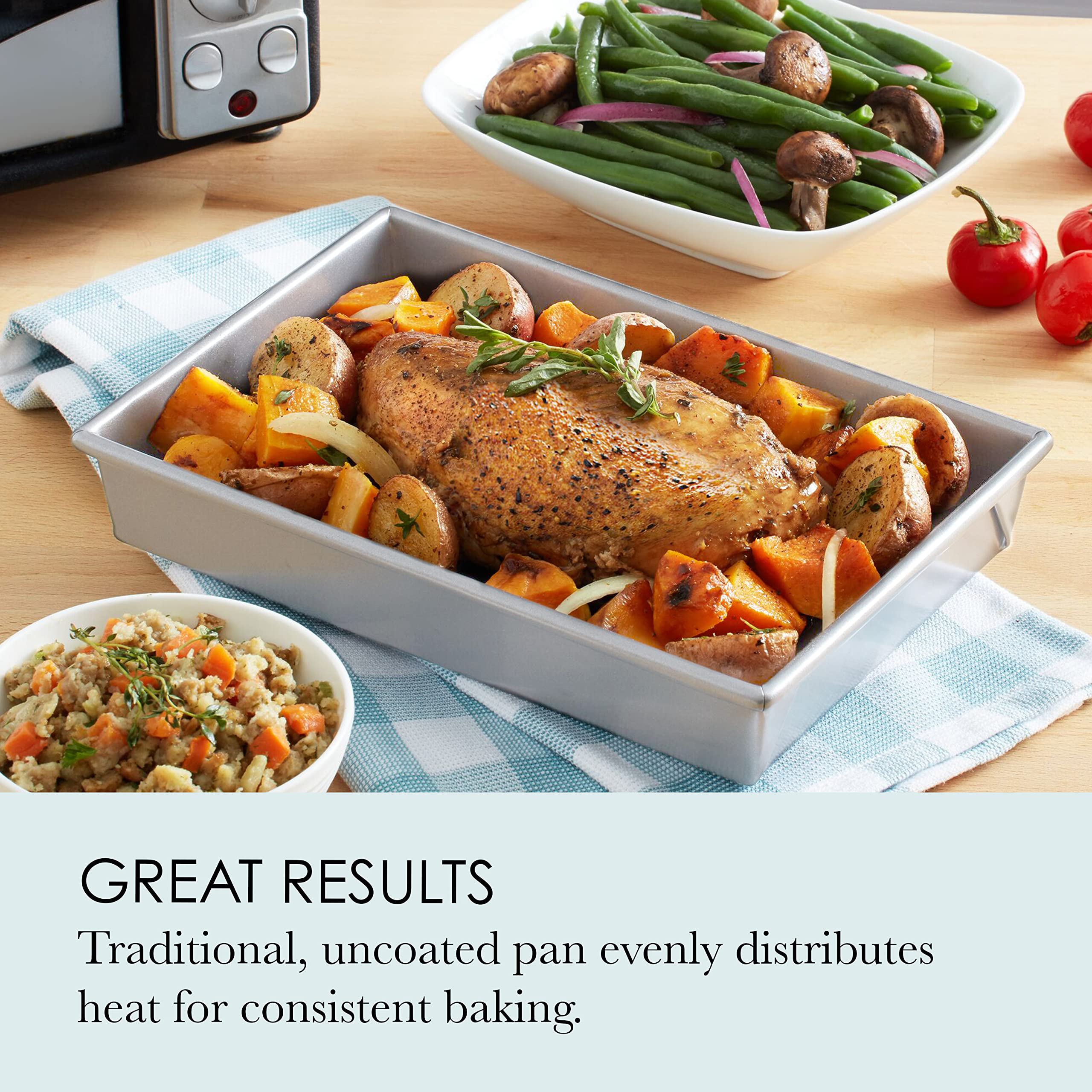 Chicago Metallic Bake N' Roast Pan, Uncoated Steel, 13x9x2.25-Inch, Silver, Model 49945 - Ideal for Roasting Chicken and Vegetables