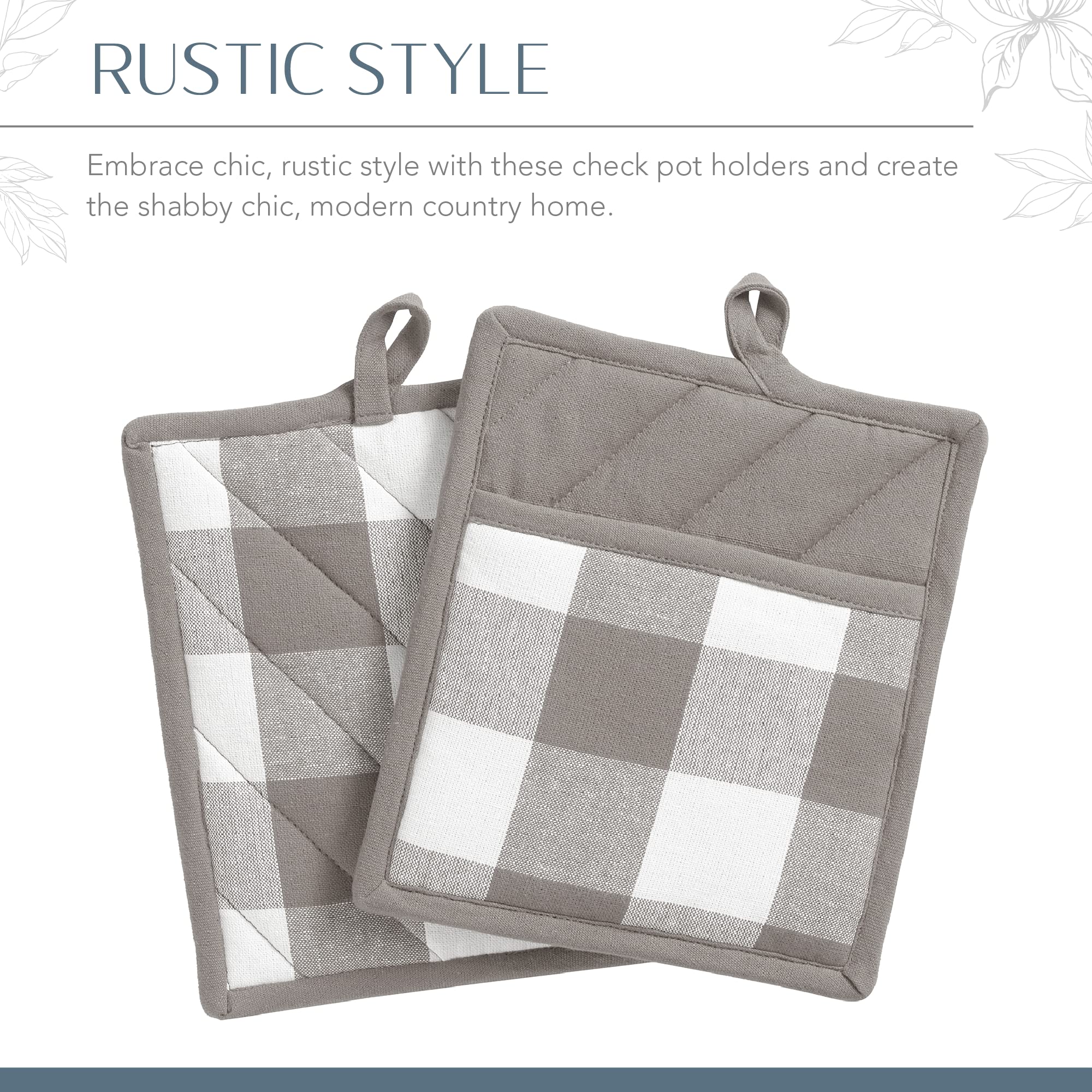 Elrene Home Fashions Farmhouse Living Buffalo-Check Pot-Holder Set, Rustic Pot Holders For Kitchen, Set Of 2, 8'' X 9'', Gray/Wh
